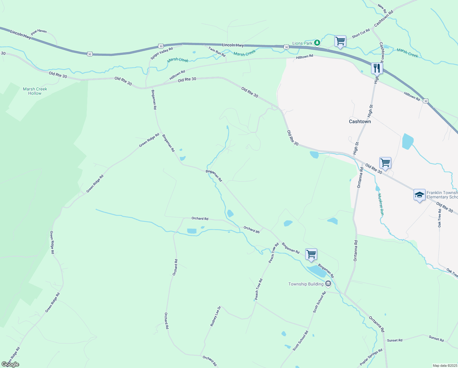 map of restaurants, bars, coffee shops, grocery stores, and more near 625 Bingaman Road in Orrtanna
