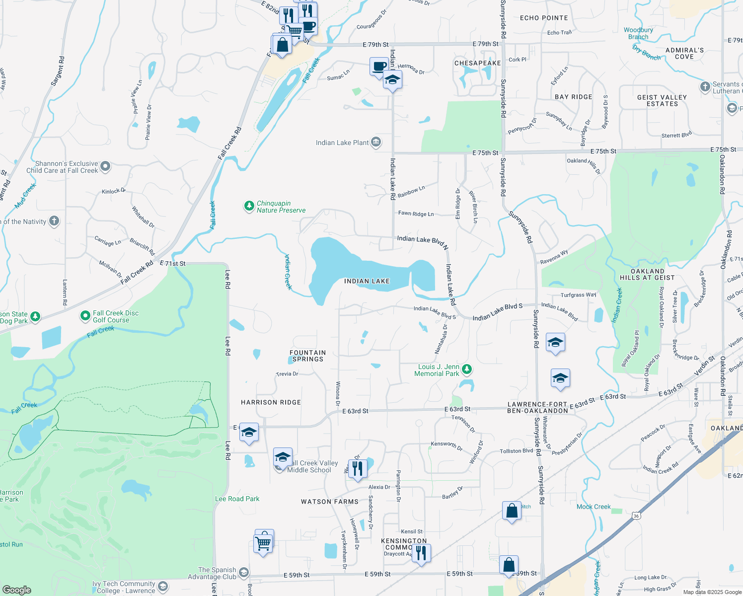 map of restaurants, bars, coffee shops, grocery stores, and more near 10218 Indian Lake Boulevard South in Indianapolis