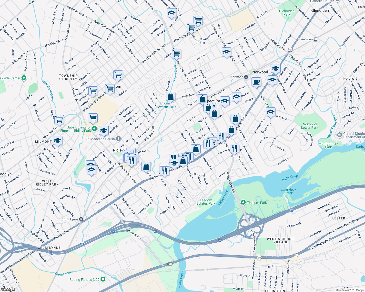 map of restaurants, bars, coffee shops, grocery stores, and more near 509 Johnson Avenue in Ridley Park