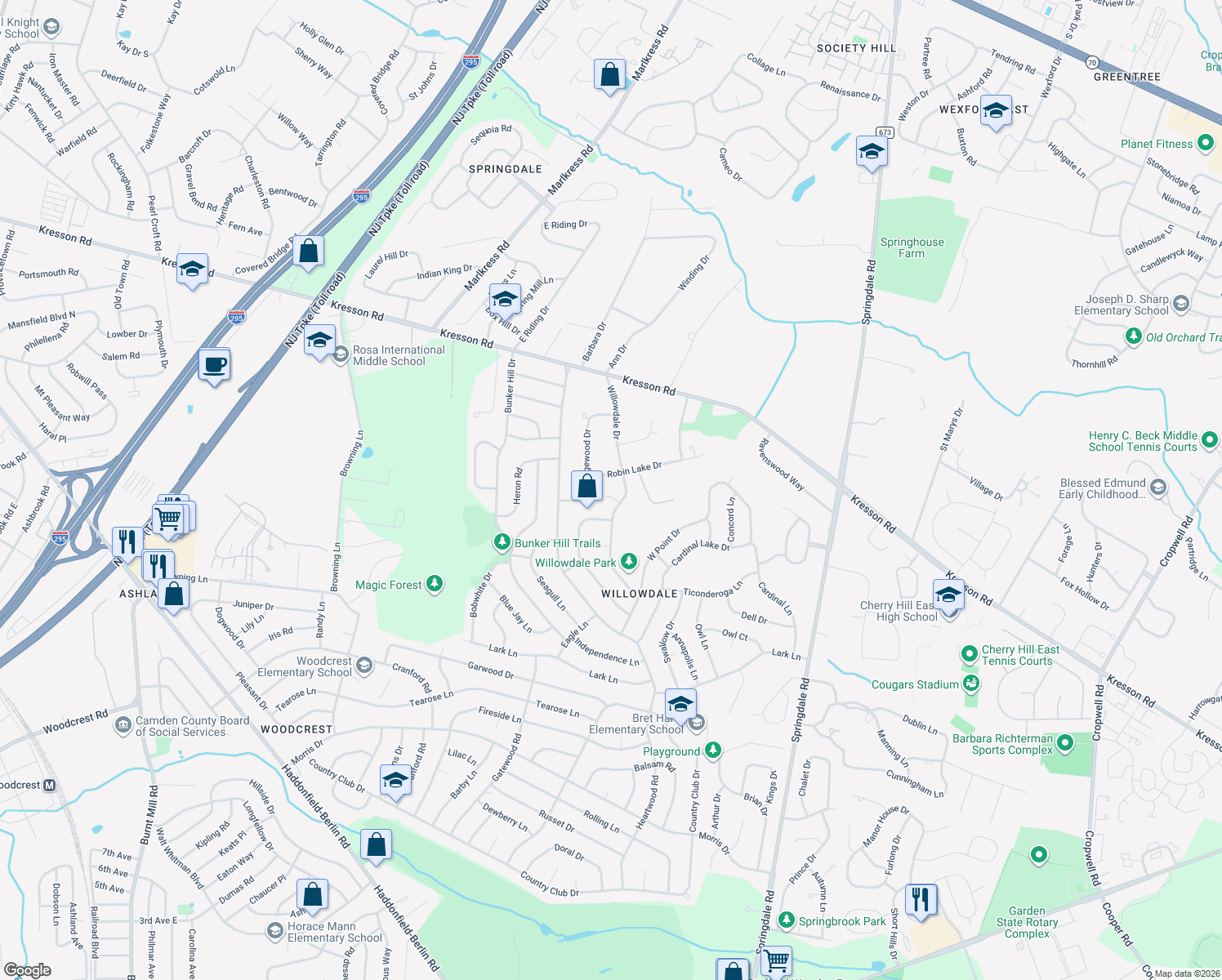 map of restaurants, bars, coffee shops, grocery stores, and more near 5 Willow Court in Cherry Hill