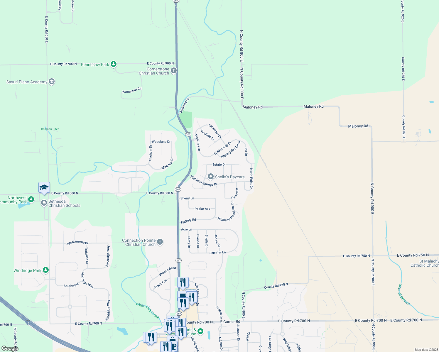 map of restaurants, bars, coffee shops, grocery stores, and more near 7820 Highland Park Drive in Brownsburg