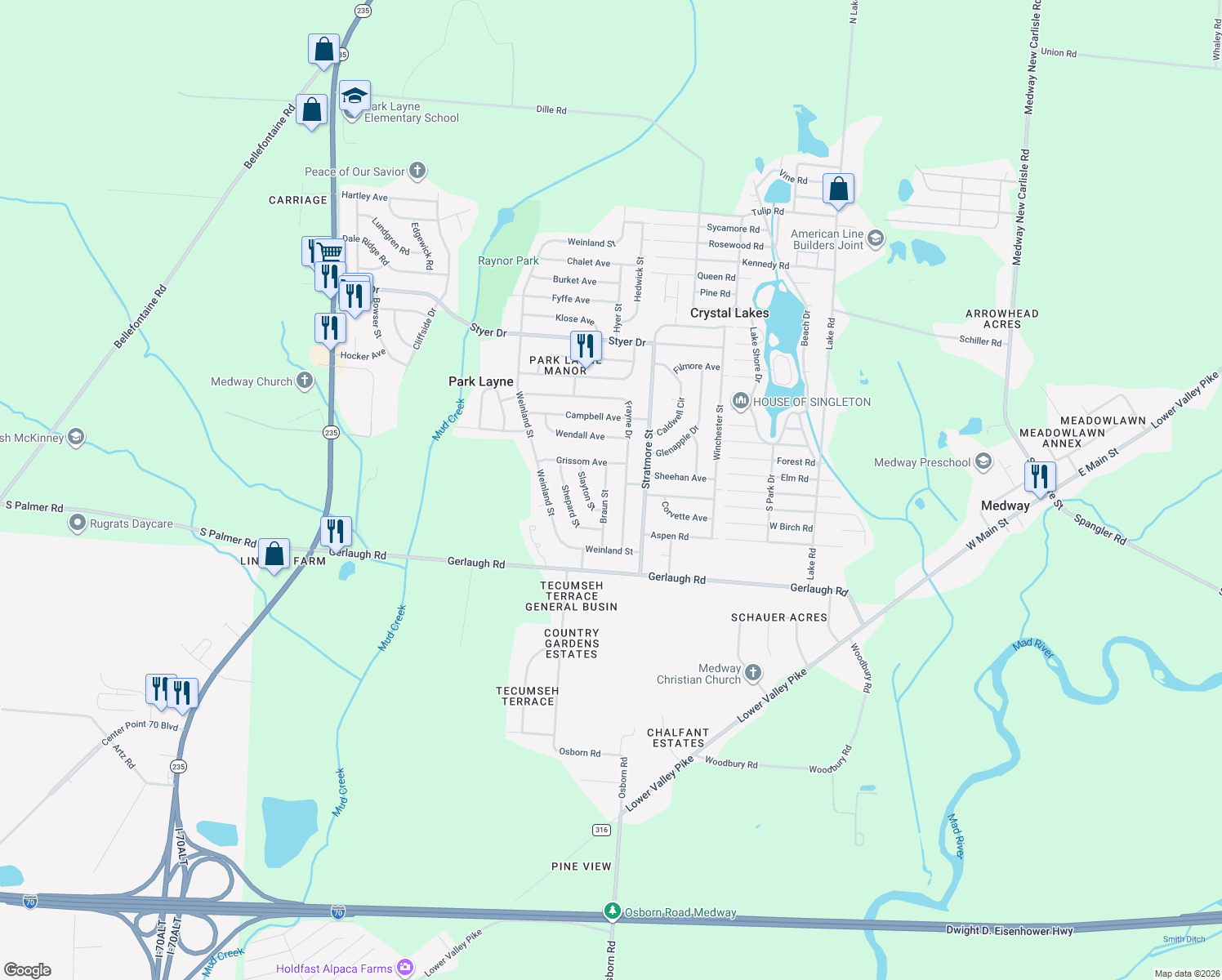 map of restaurants, bars, coffee shops, grocery stores, and more near 210 Braun Street in New Carlisle
