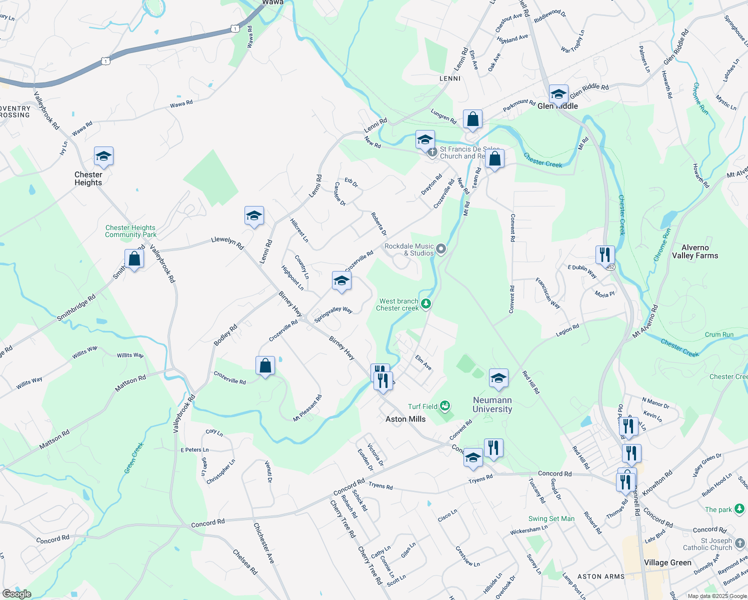map of restaurants, bars, coffee shops, grocery stores, and more near 204 Spring Valley Way in Aston