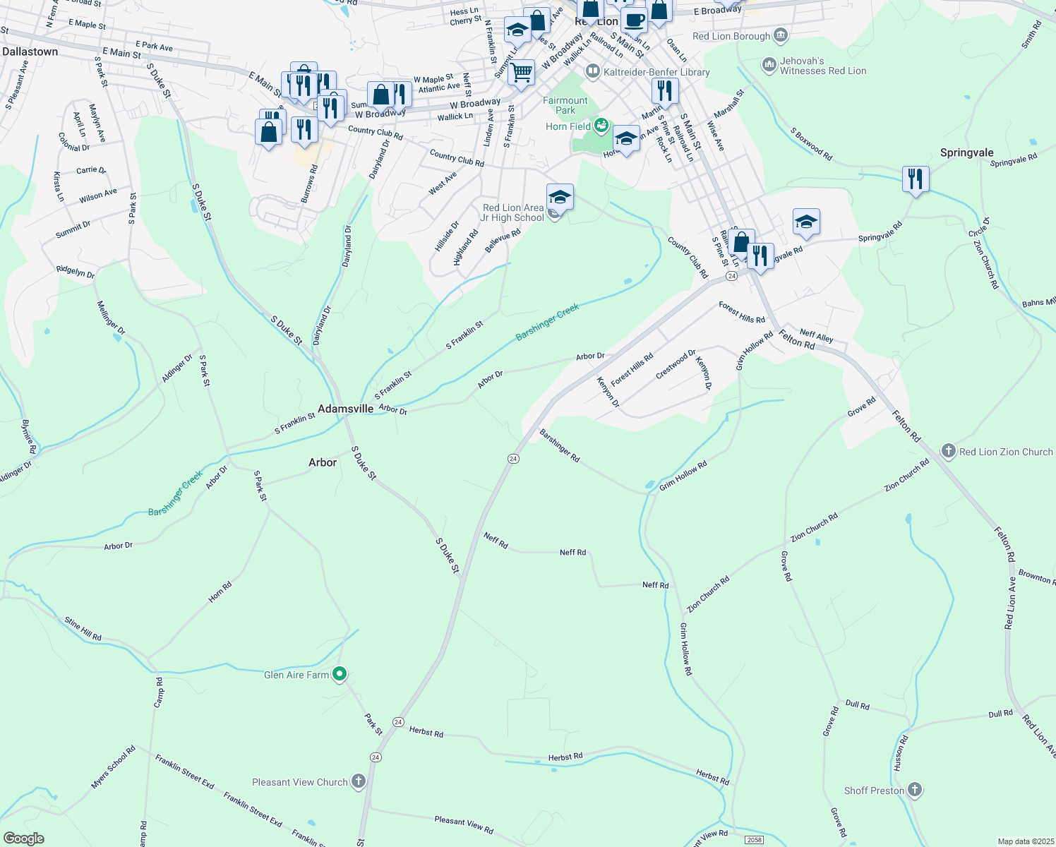 map of restaurants, bars, coffee shops, grocery stores, and more near 335 Winterstown Road in Red Lion