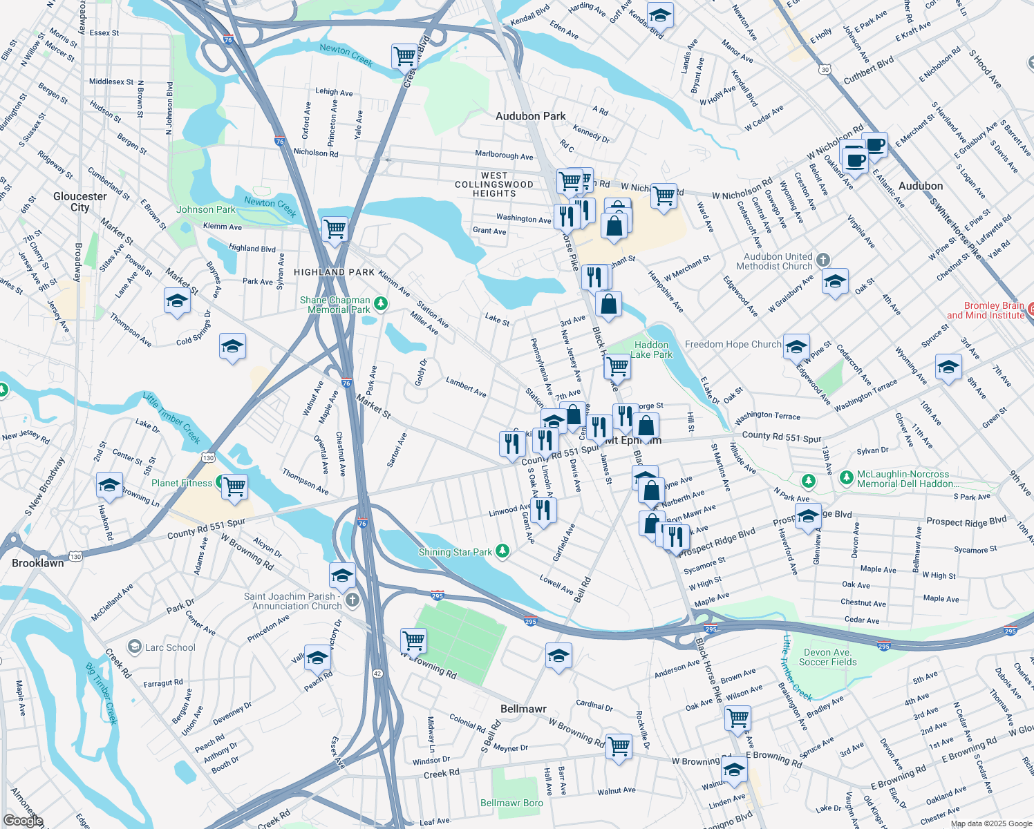 map of restaurants, bars, coffee shops, grocery stores, and more near 626 Lambert Avenue in Mount Ephraim