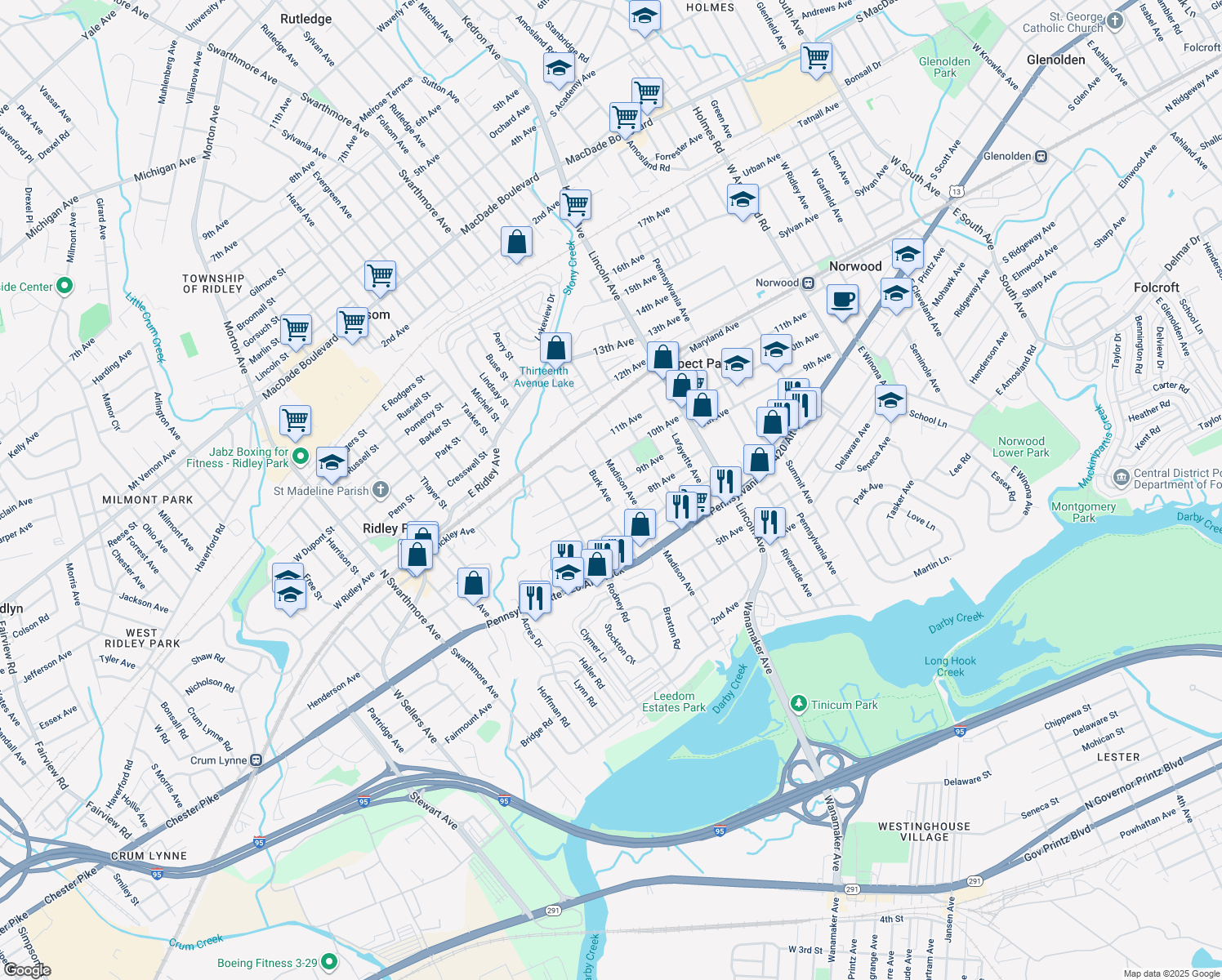 map of restaurants, bars, coffee shops, grocery stores, and more near 309 Burk Avenue in Ridley Park