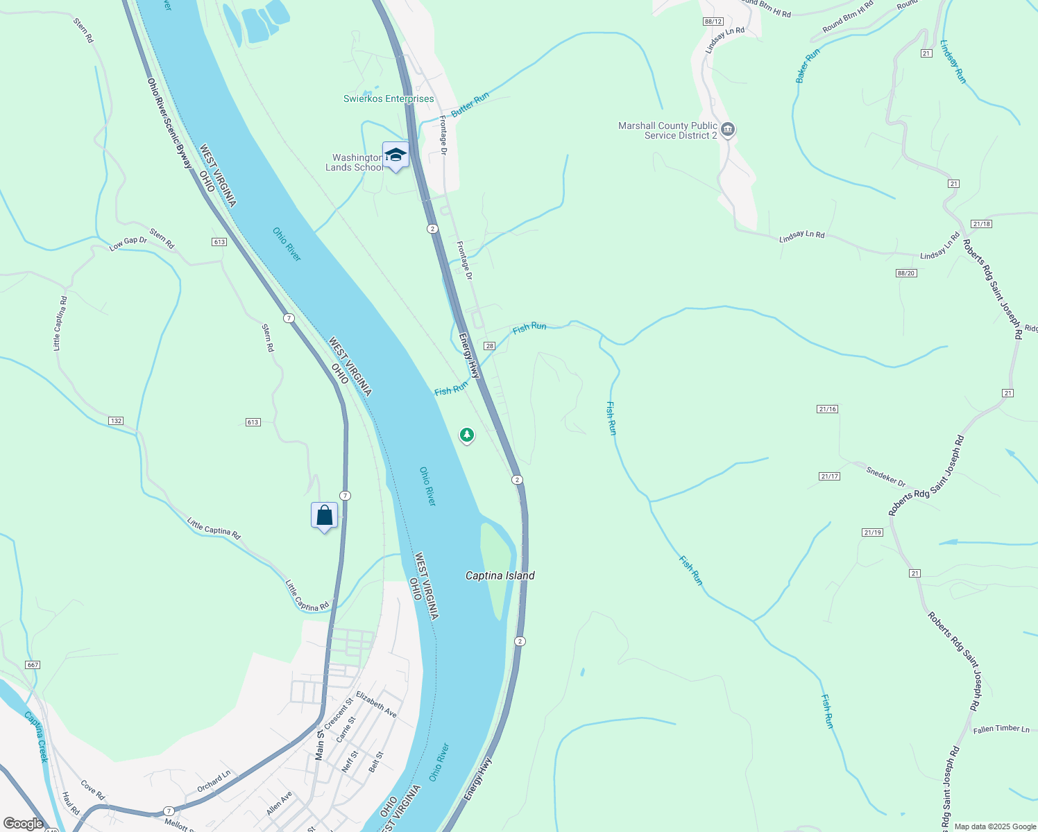map of restaurants, bars, coffee shops, grocery stores, and more near 406 Old State Highway 2 in Moundsville