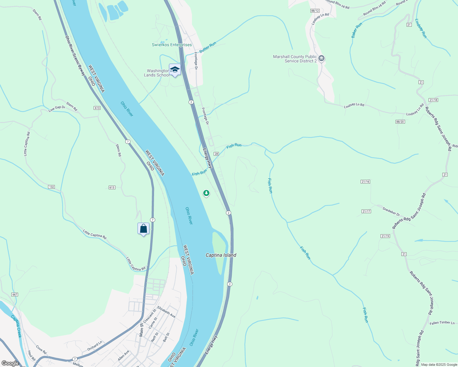 map of restaurants, bars, coffee shops, grocery stores, and more near 406 Frontage Drive in Moundsville