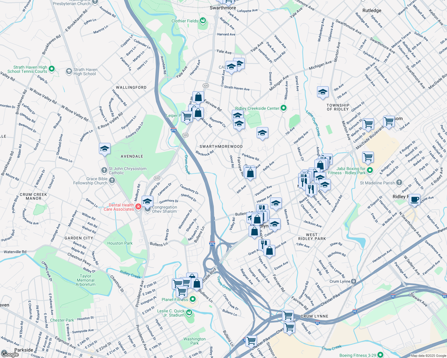 map of restaurants, bars, coffee shops, grocery stores, and more near 701 Swarthmorewood Lane in Swarthmore
