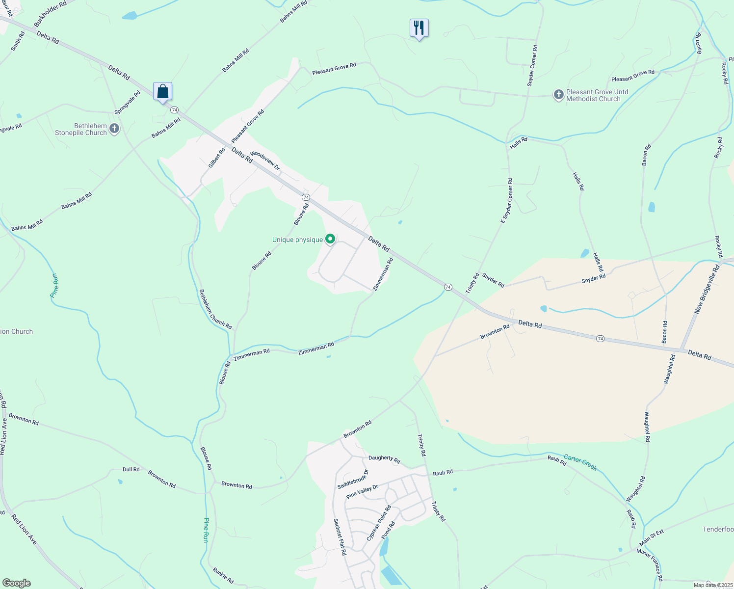 map of restaurants, bars, coffee shops, grocery stores, and more near 401 Woodsdale Drive in Red Lion
