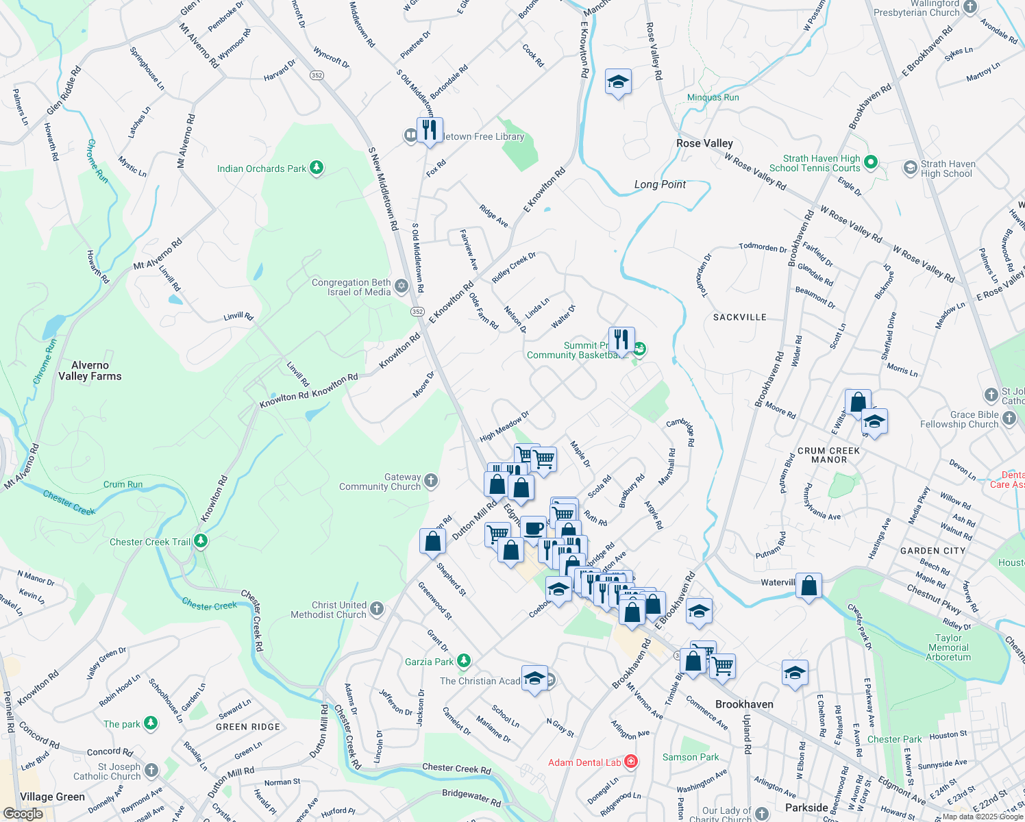 map of restaurants, bars, coffee shops, grocery stores, and more near 121 Meadowburn Lane in Media