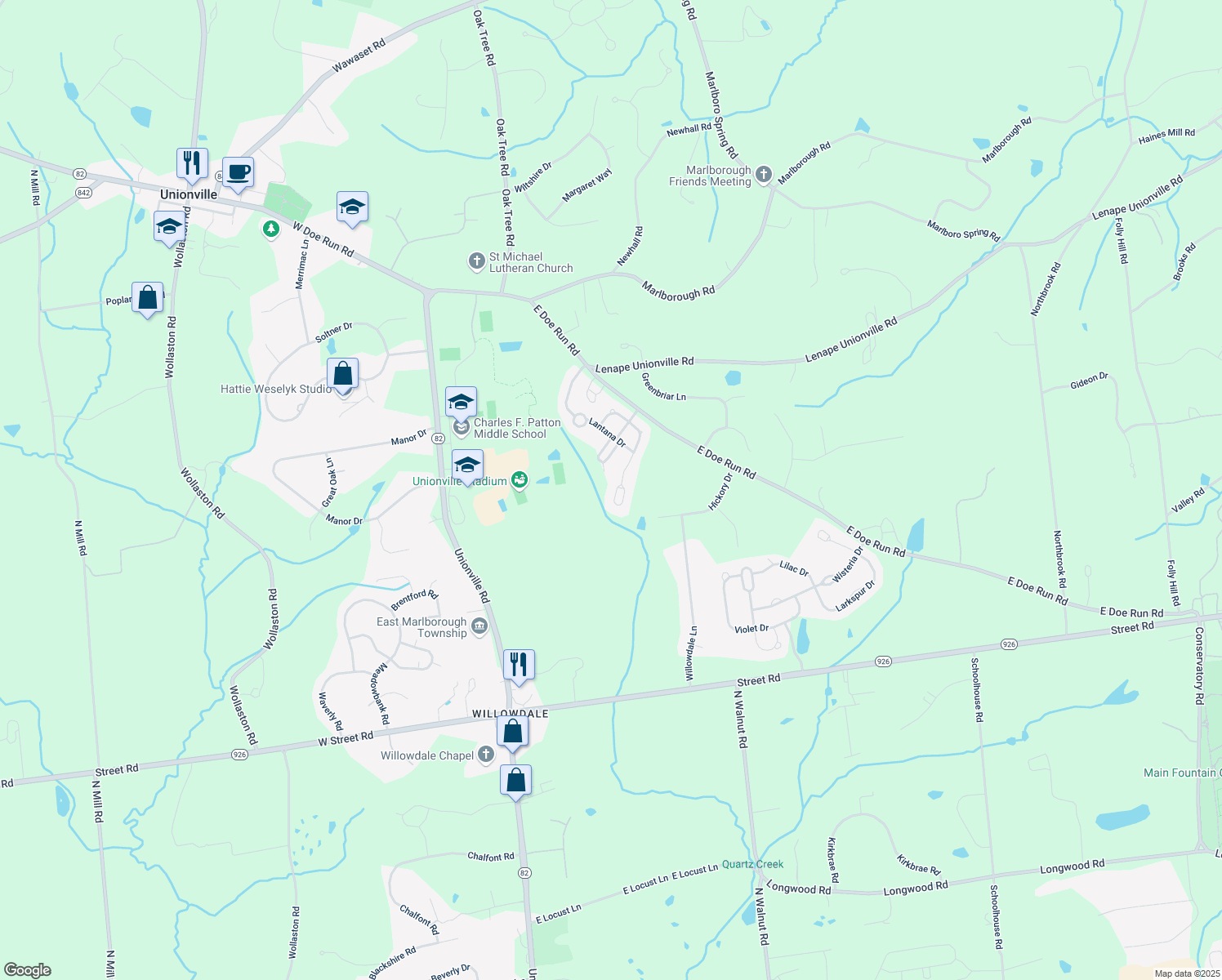 map of restaurants, bars, coffee shops, grocery stores, and more near 337 Astilbe Drive in Kennett Square