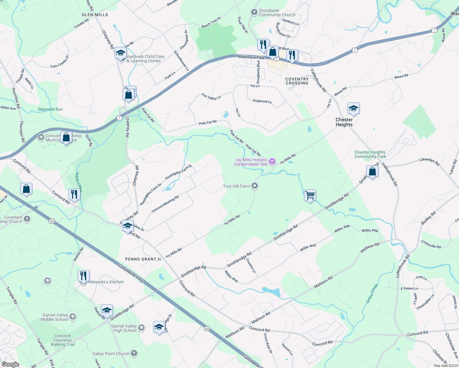 map of restaurants, bars, coffee shops, grocery stores, and more near 64 Jeremiah Collett Road in Glen Mills