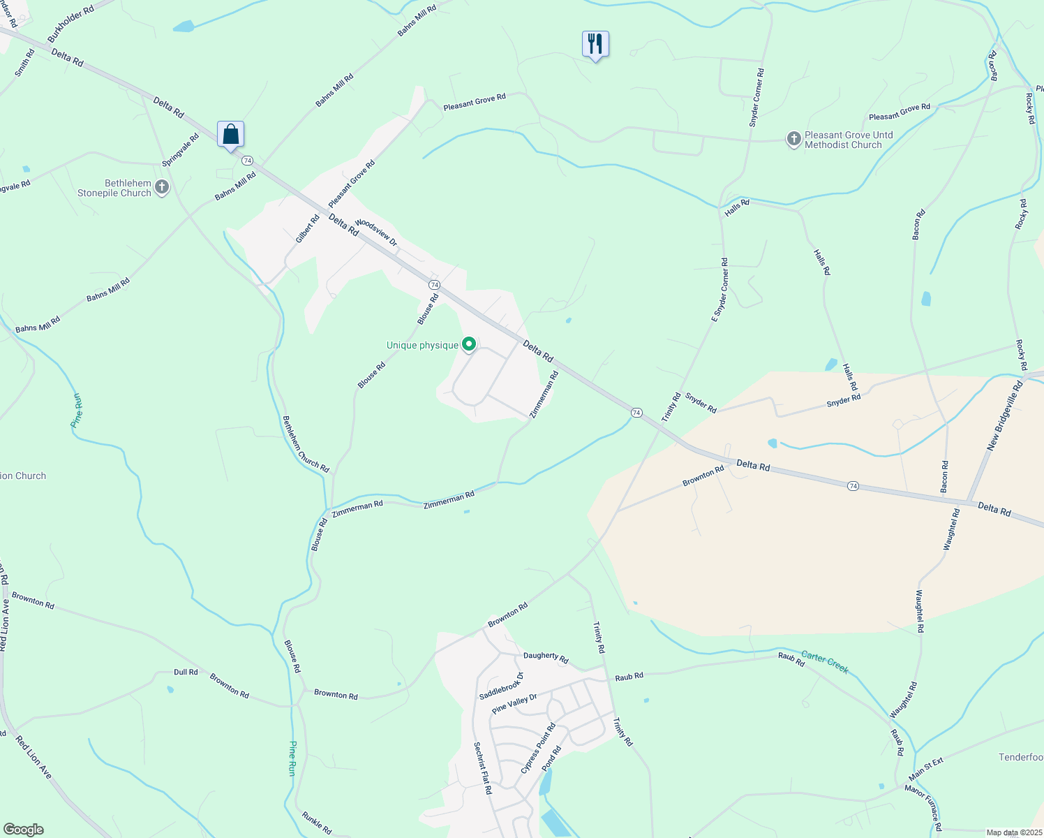 map of restaurants, bars, coffee shops, grocery stores, and more near 401 Woodsdale Drive in Red Lion