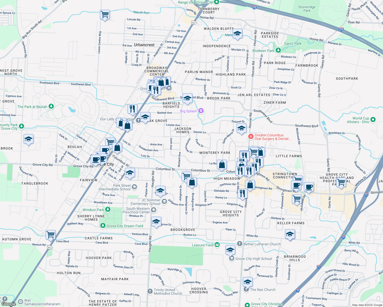 map of restaurants, bars, coffee shops, grocery stores, and more near 2861 Homecomer Drive in Grove City