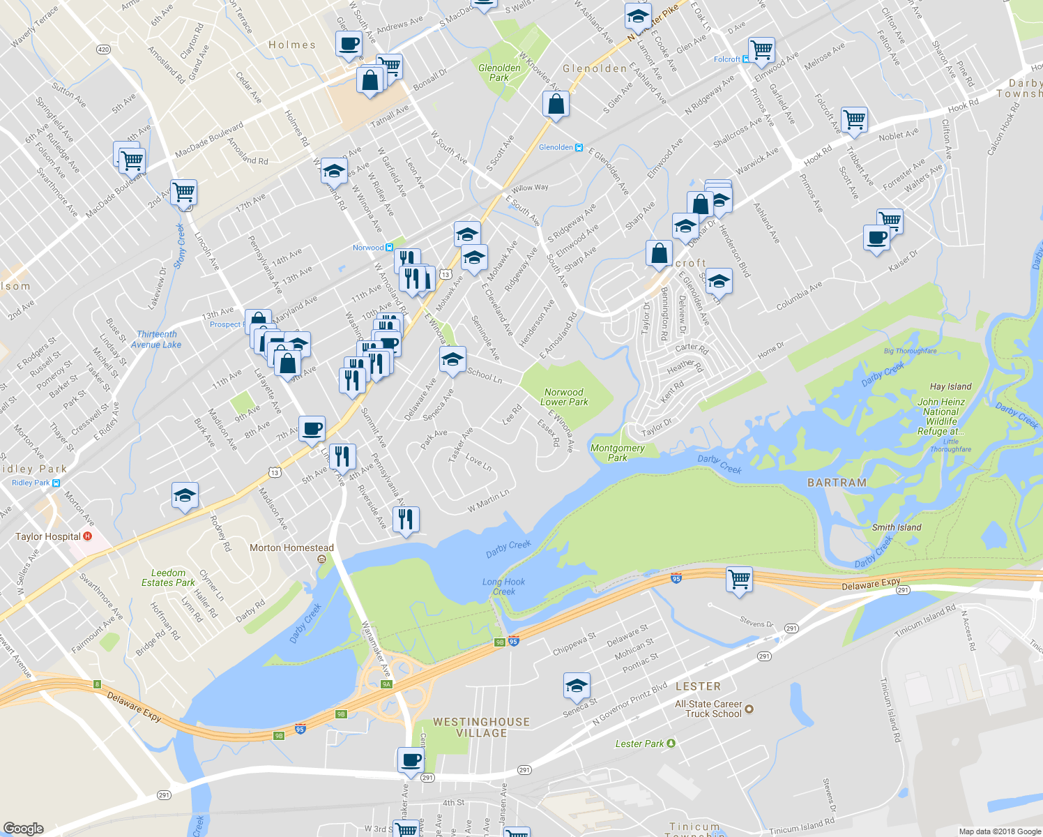 map of restaurants, bars, coffee shops, grocery stores, and more near 503 Devon Road in Norwood