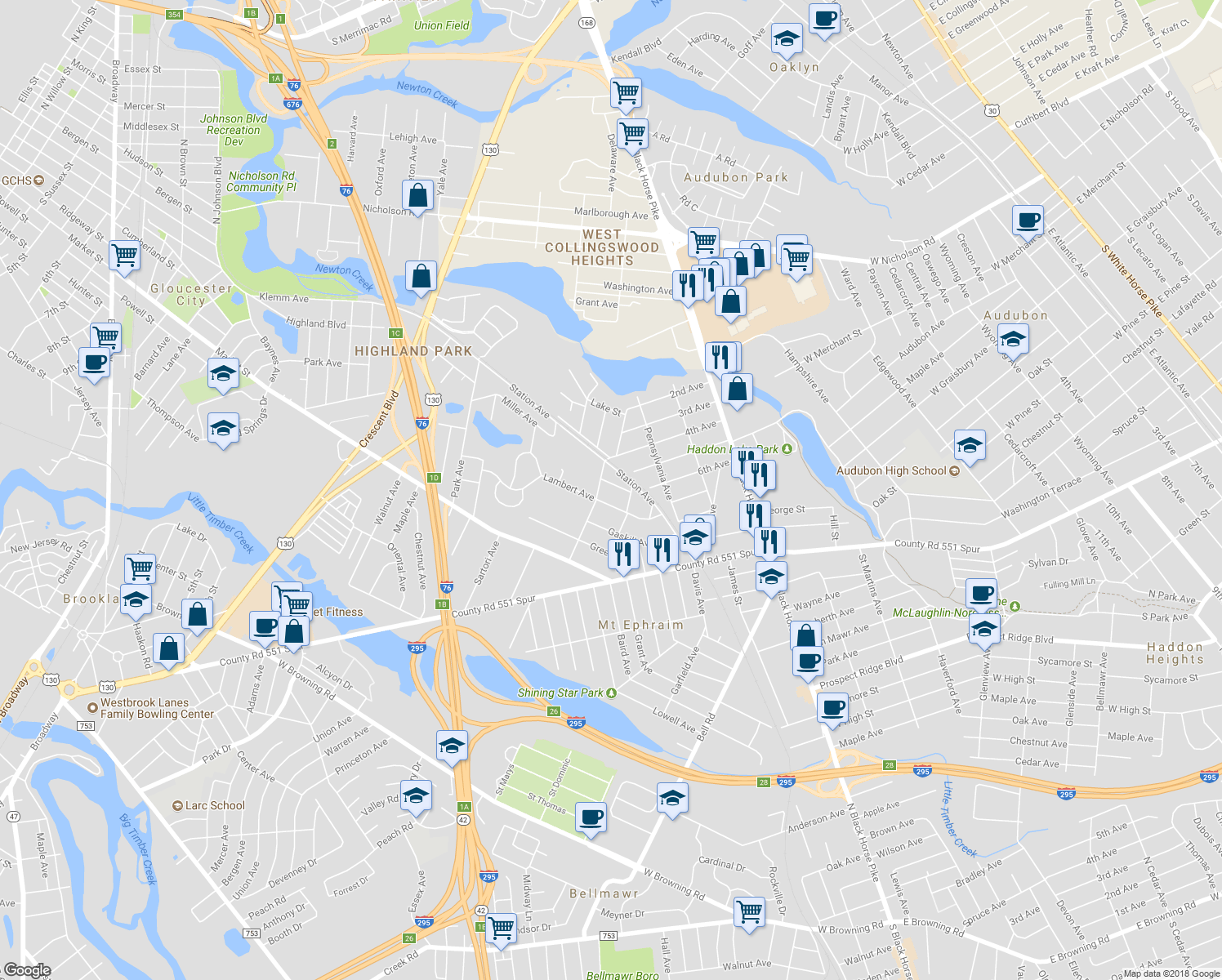 map of restaurants, bars, coffee shops, grocery stores, and more near 720 Cedar Avenue in Mount Ephraim
