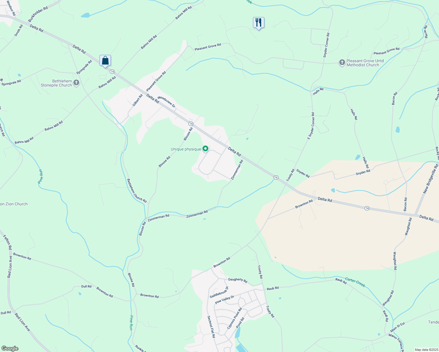 map of restaurants, bars, coffee shops, grocery stores, and more near 409 Woodsdale Drive in Red Lion