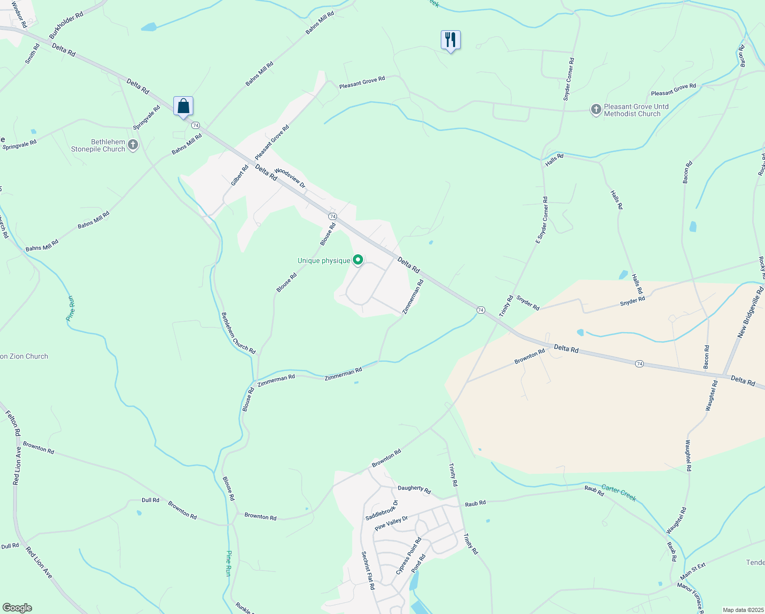 map of restaurants, bars, coffee shops, grocery stores, and more near 409 Woodsdale Drive in Red Lion