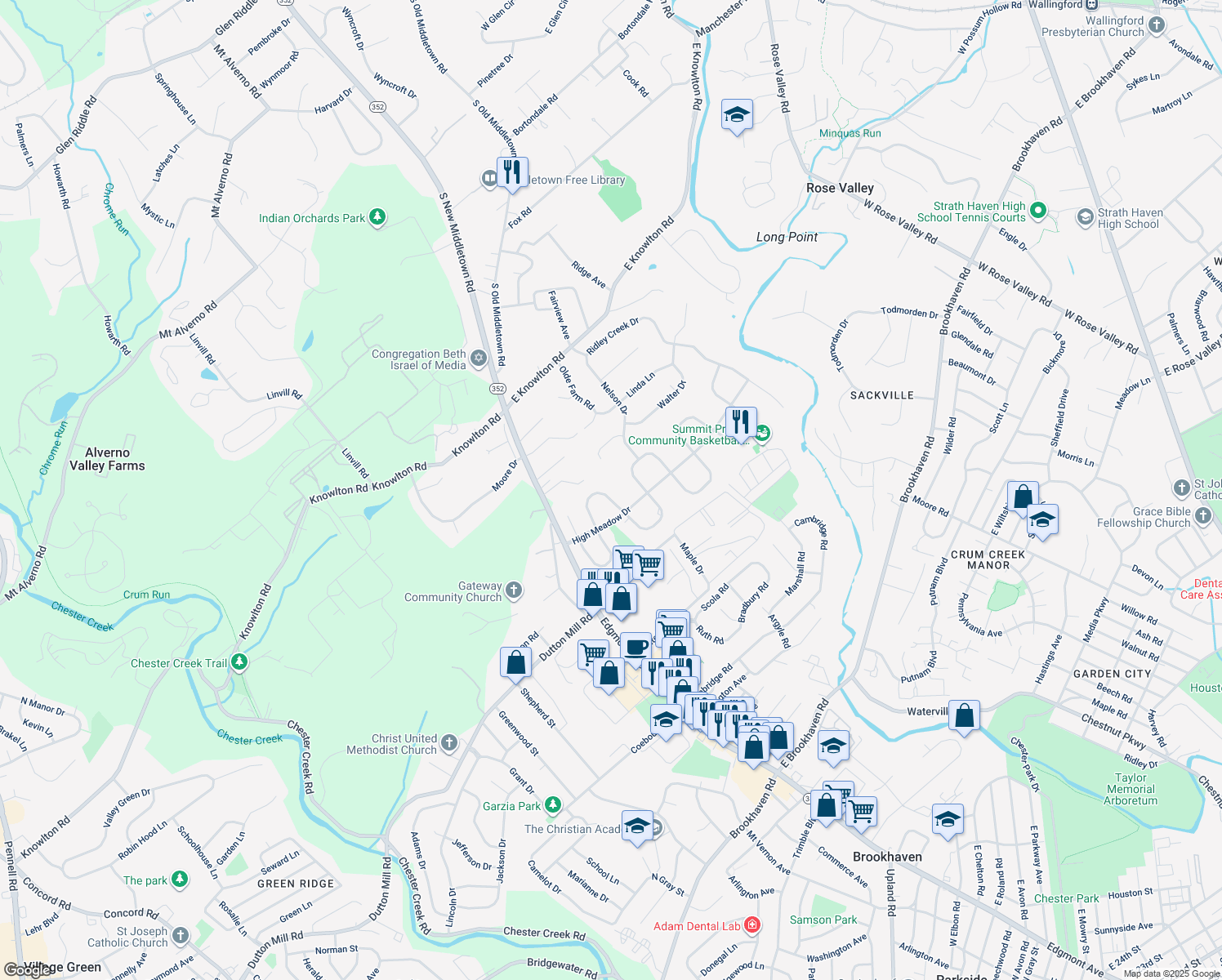 map of restaurants, bars, coffee shops, grocery stores, and more near 118 Meadowburn Lane in Media