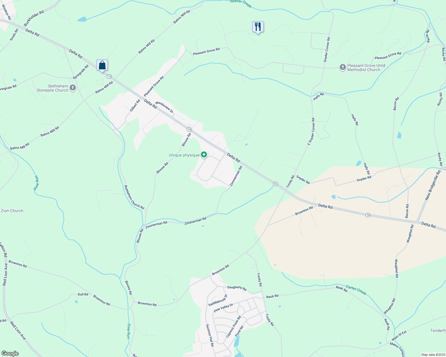 map of restaurants, bars, coffee shops, grocery stores, and more near 406 Woodsdale Drive in Red Lion