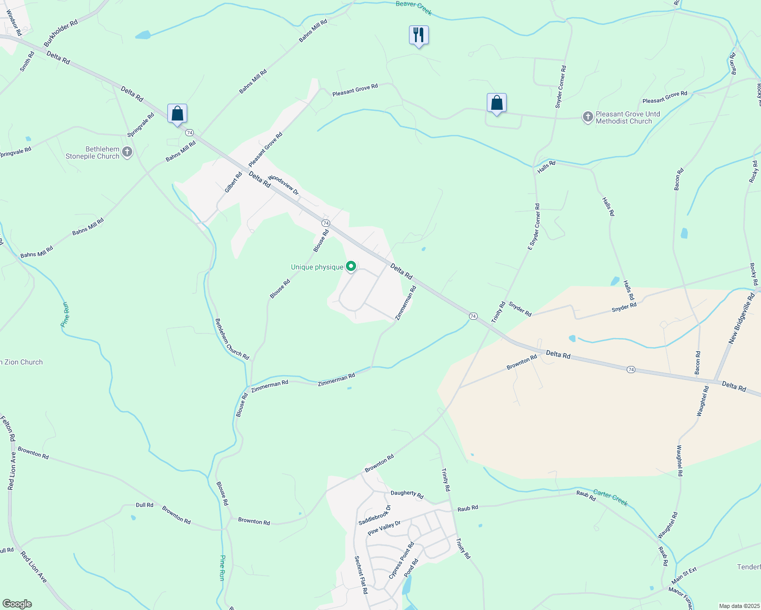 map of restaurants, bars, coffee shops, grocery stores, and more near 408 Woodsdale Drive in Red Lion