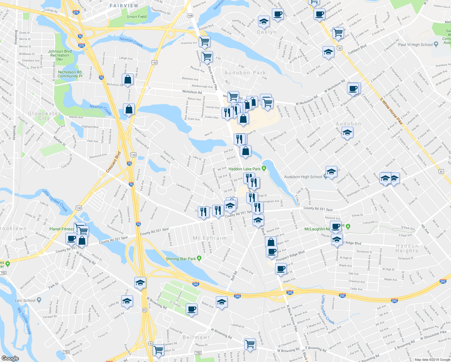 map of restaurants, bars, coffee shops, grocery stores, and more near 117 6th Avenue in Mount Ephraim