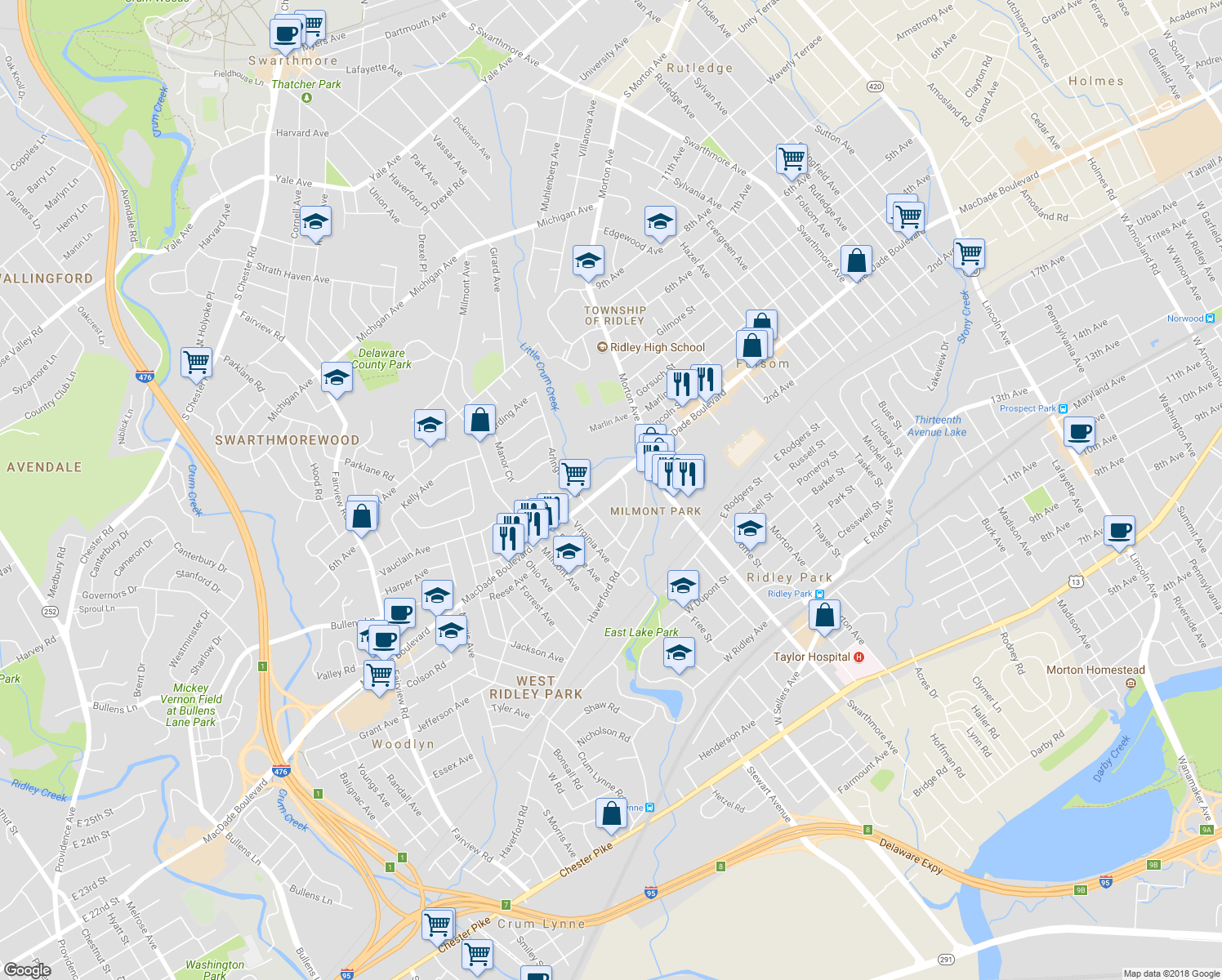 map of restaurants, bars, coffee shops, grocery stores, and more near 208 MacDade Boulevard in Folsom