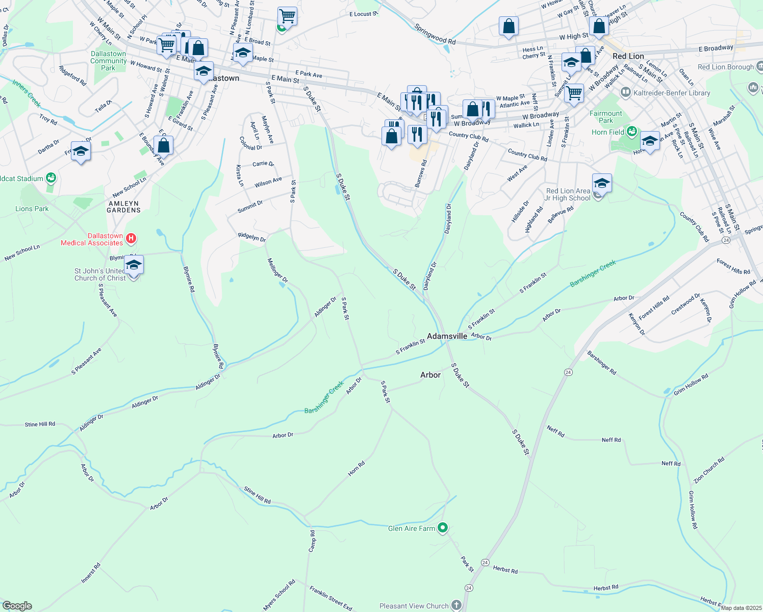 map of restaurants, bars, coffee shops, grocery stores, and more near 775 Windrush Drive in Dallastown