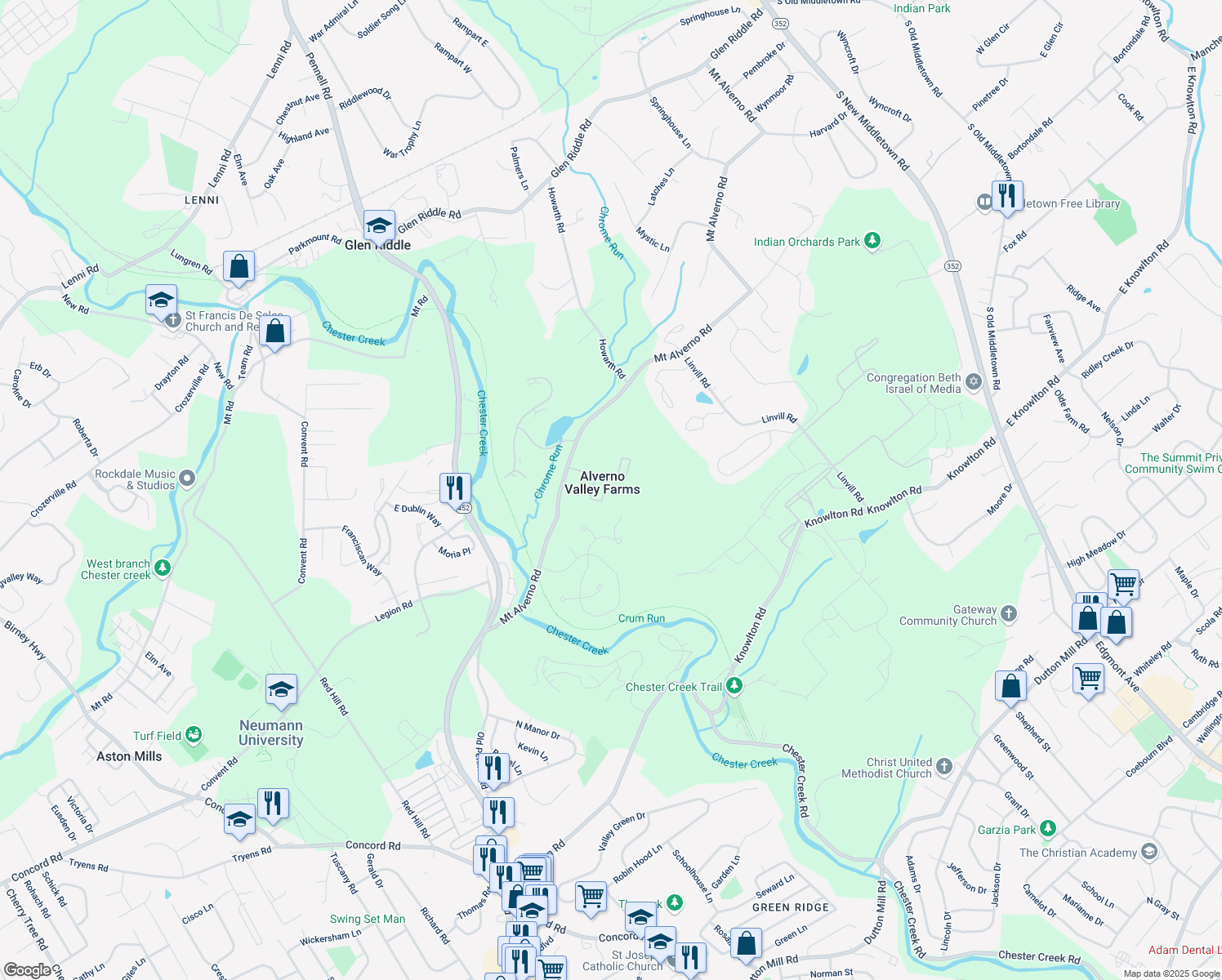 map of restaurants, bars, coffee shops, grocery stores, and more near 602 Hillcrest Court in Media