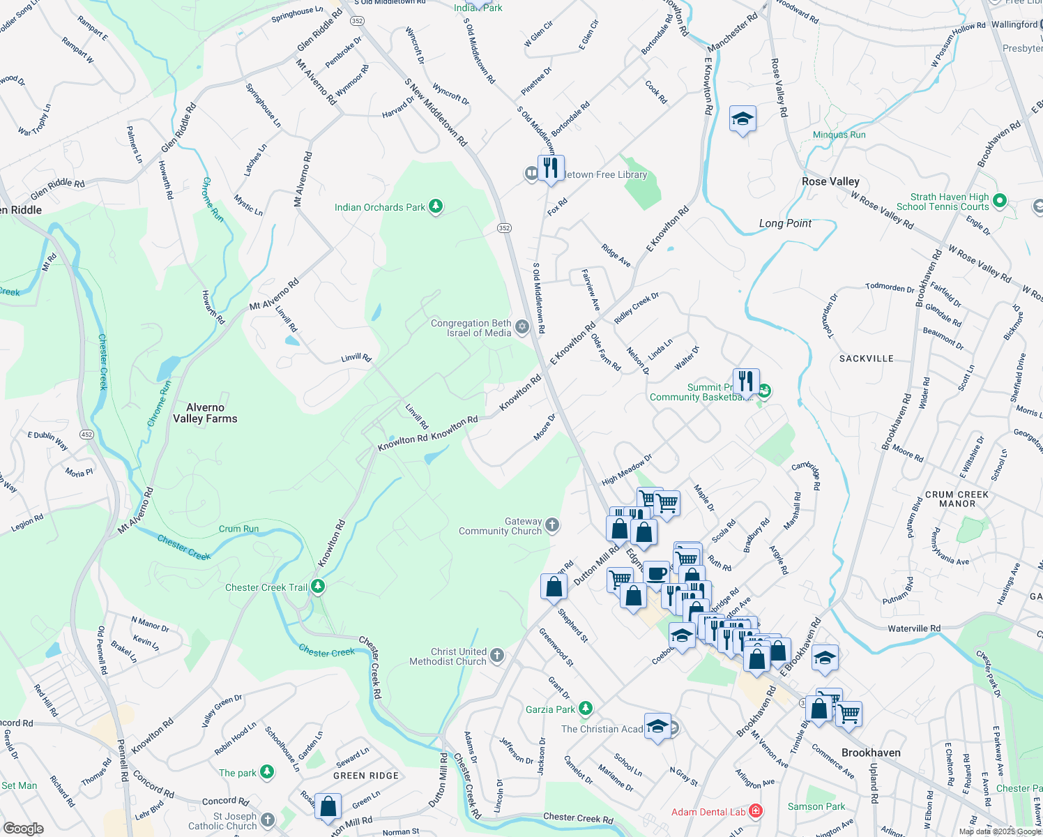 map of restaurants, bars, coffee shops, grocery stores, and more near 34 Knowlton Road in Media