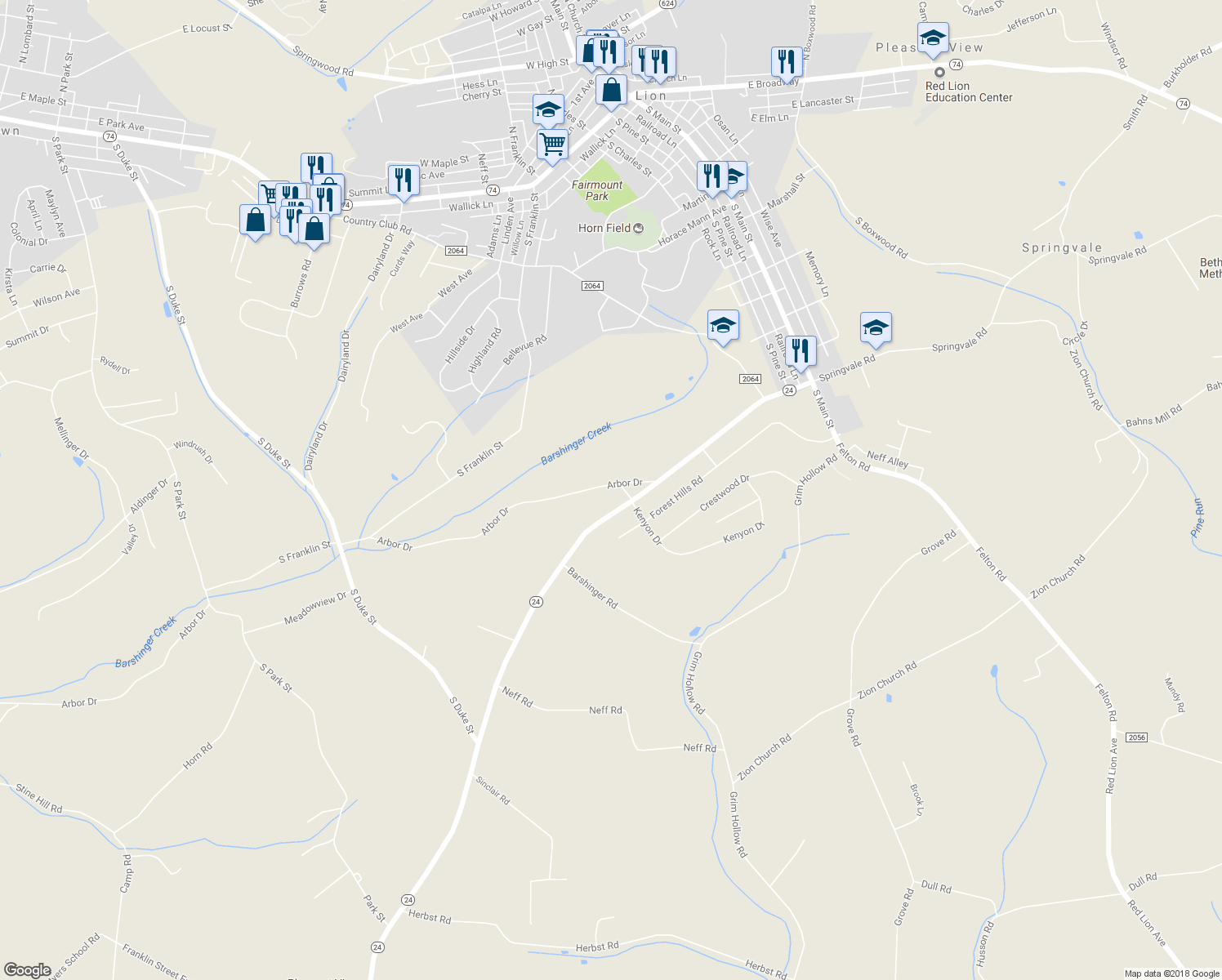 map of restaurants, bars, coffee shops, grocery stores, and more near 375 Arbor Drive in Red Lion