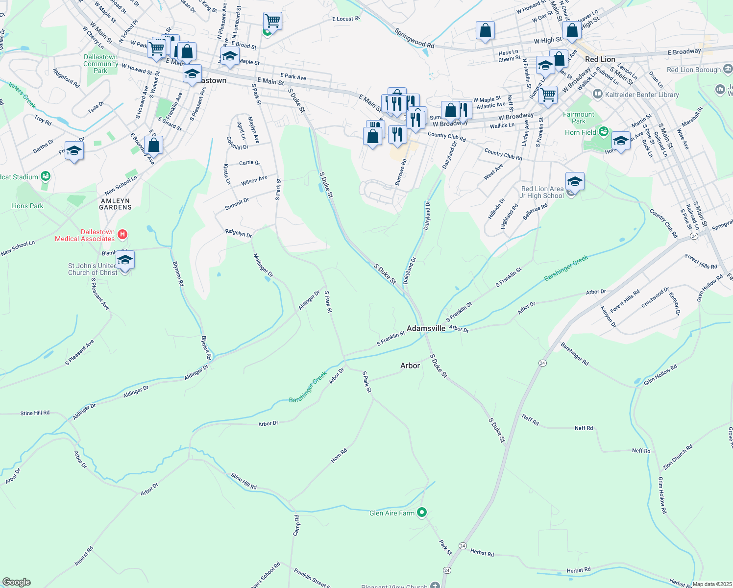 map of restaurants, bars, coffee shops, grocery stores, and more near 775 Windrush Drive in Dallastown