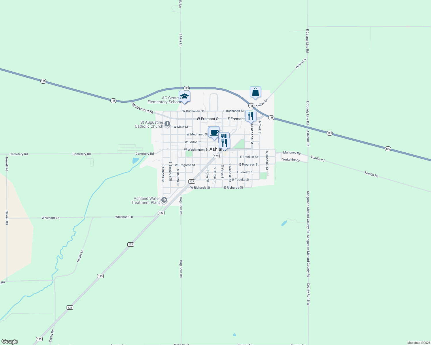 map of restaurants, bars, coffee shops, grocery stores, and more near 105 West Forrest Street in Ashland