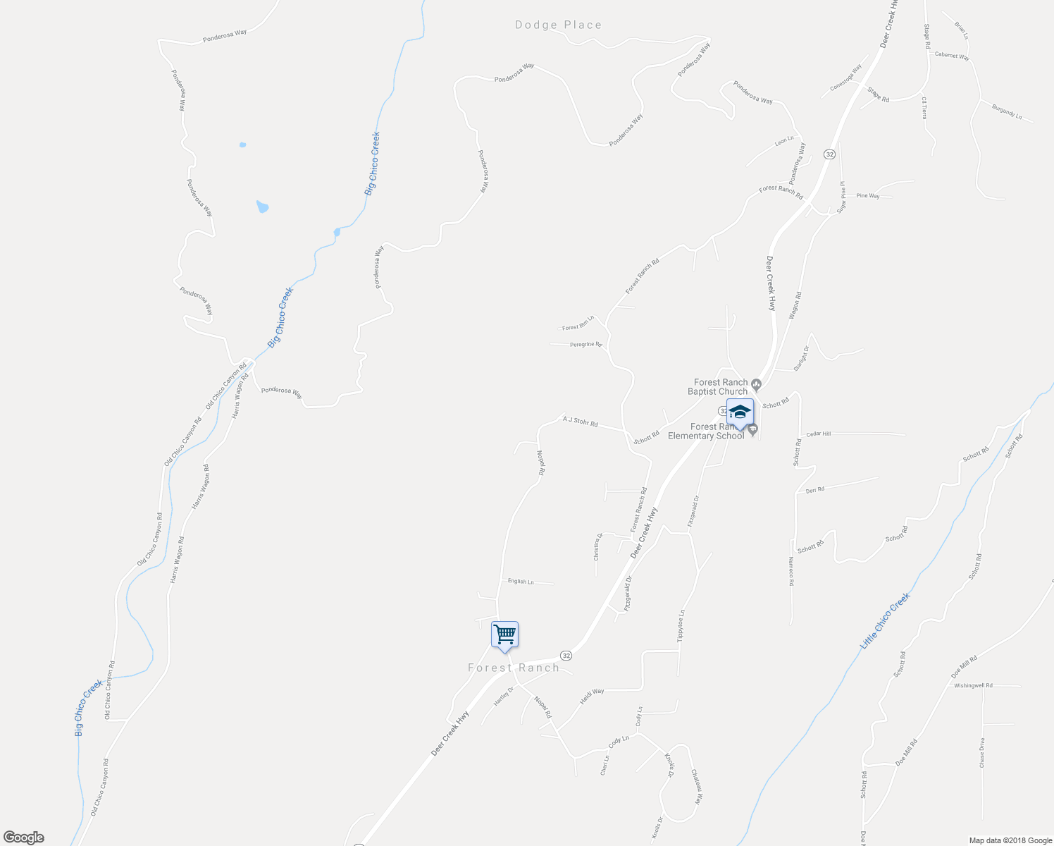 map of restaurants, bars, coffee shops, grocery stores, and more near 4657 A J Stohr Road in Forest Ranch