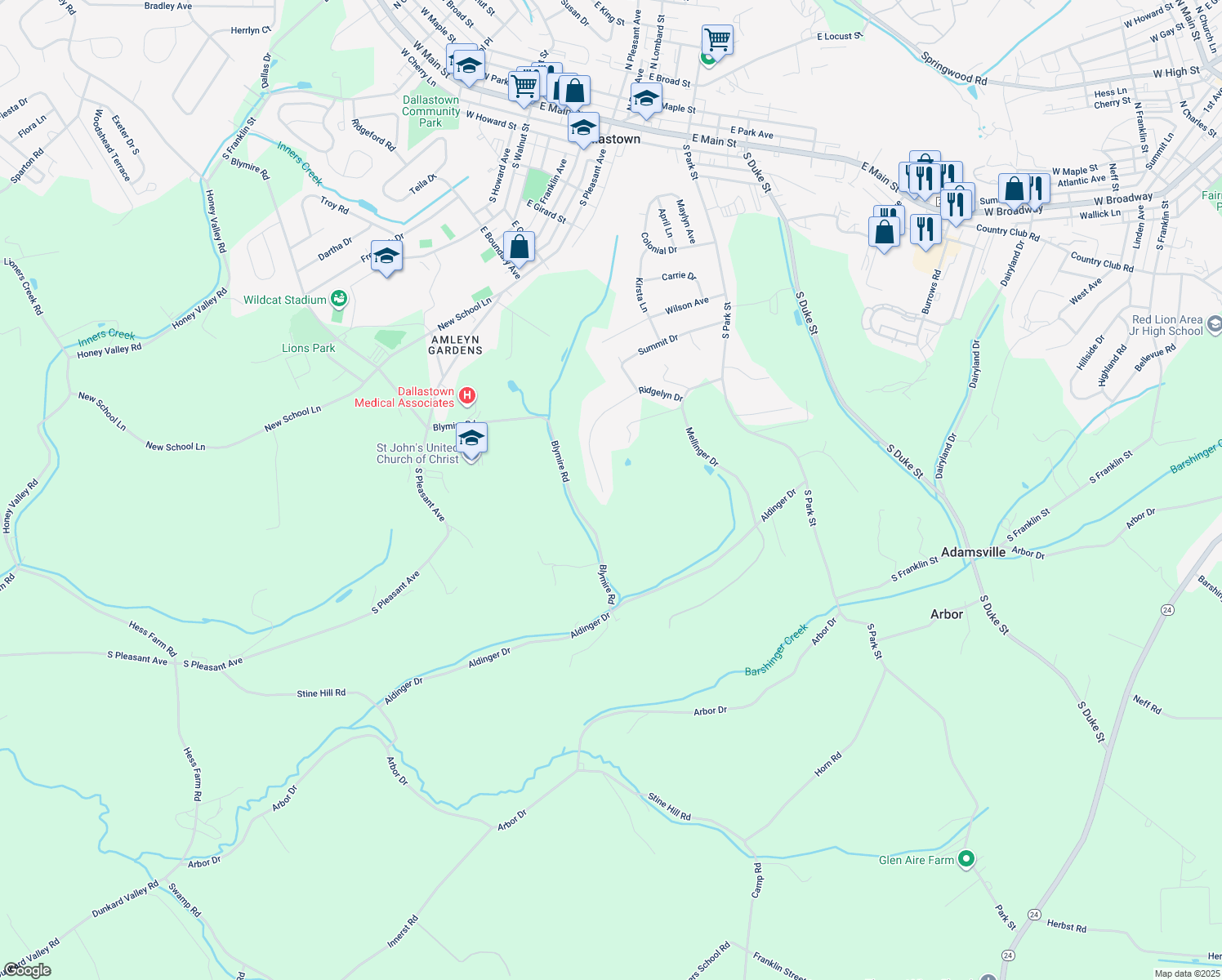 map of restaurants, bars, coffee shops, grocery stores, and more near 785 Ridgelyn Drive in Dallastown