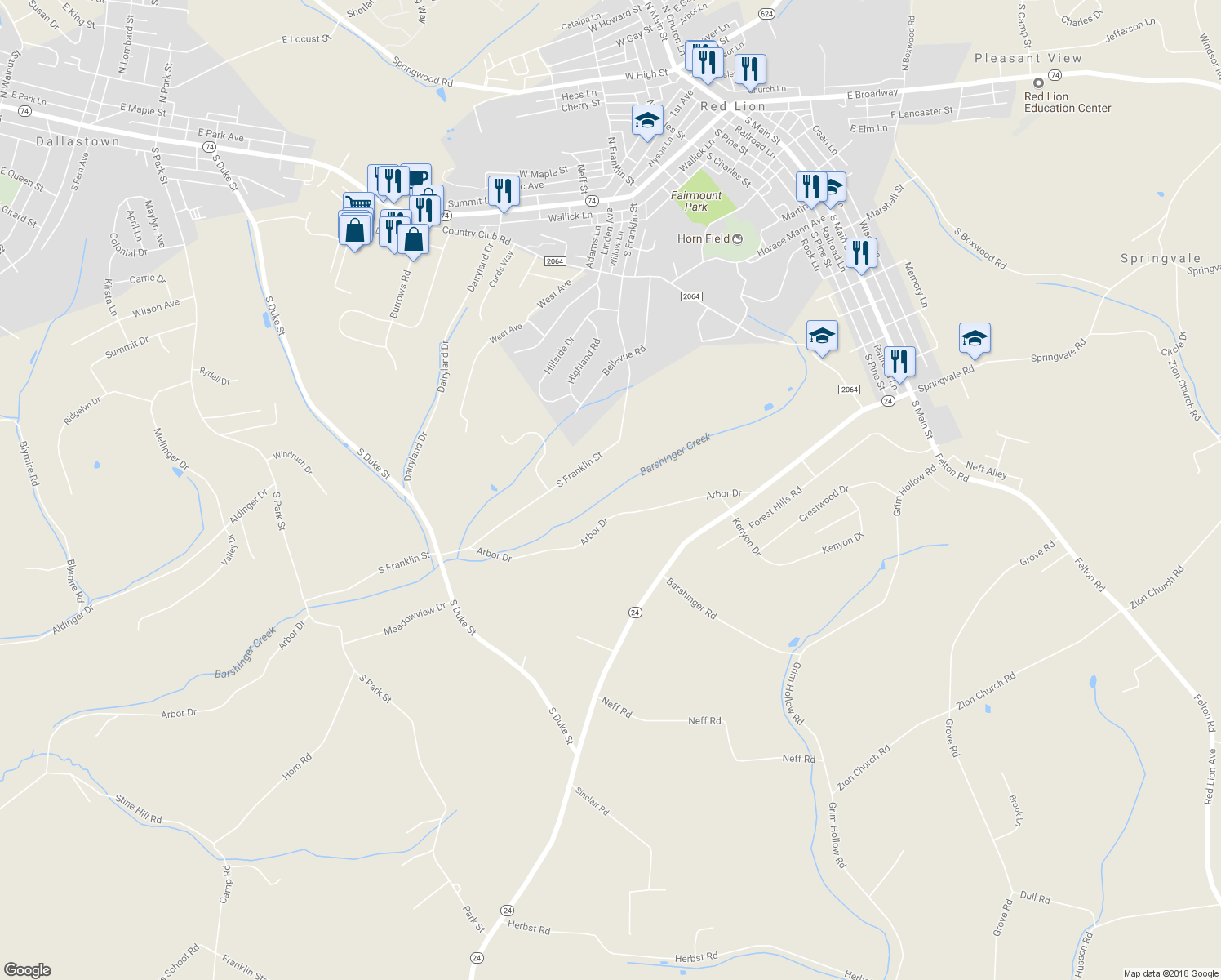 map of restaurants, bars, coffee shops, grocery stores, and more near 425 Arbor Drive in Red Lion