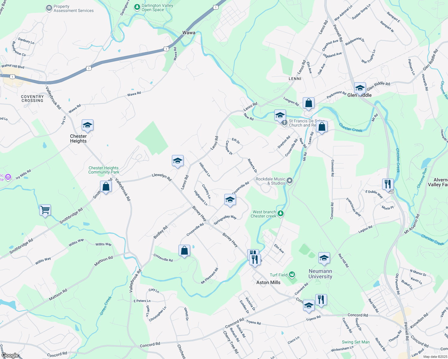 map of restaurants, bars, coffee shops, grocery stores, and more near 1710 Hillcrest Lane in Aston