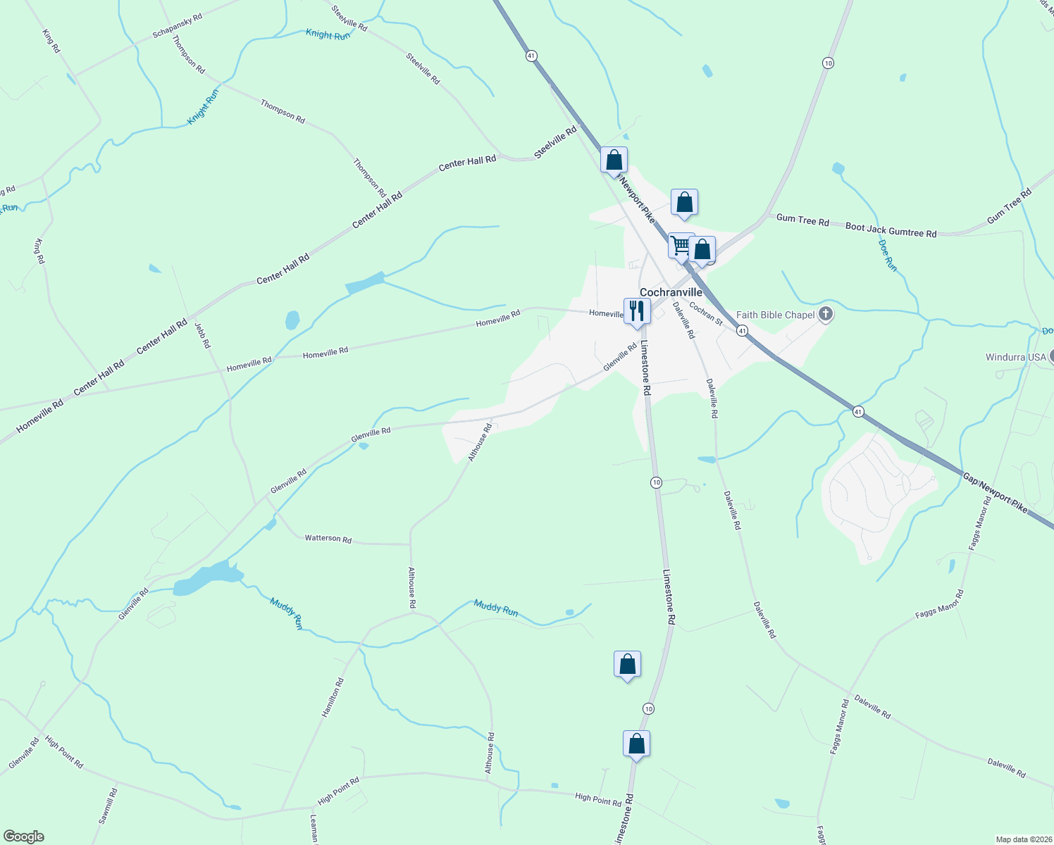map of restaurants, bars, coffee shops, grocery stores, and more near 623 Glenville Road in Cochranville