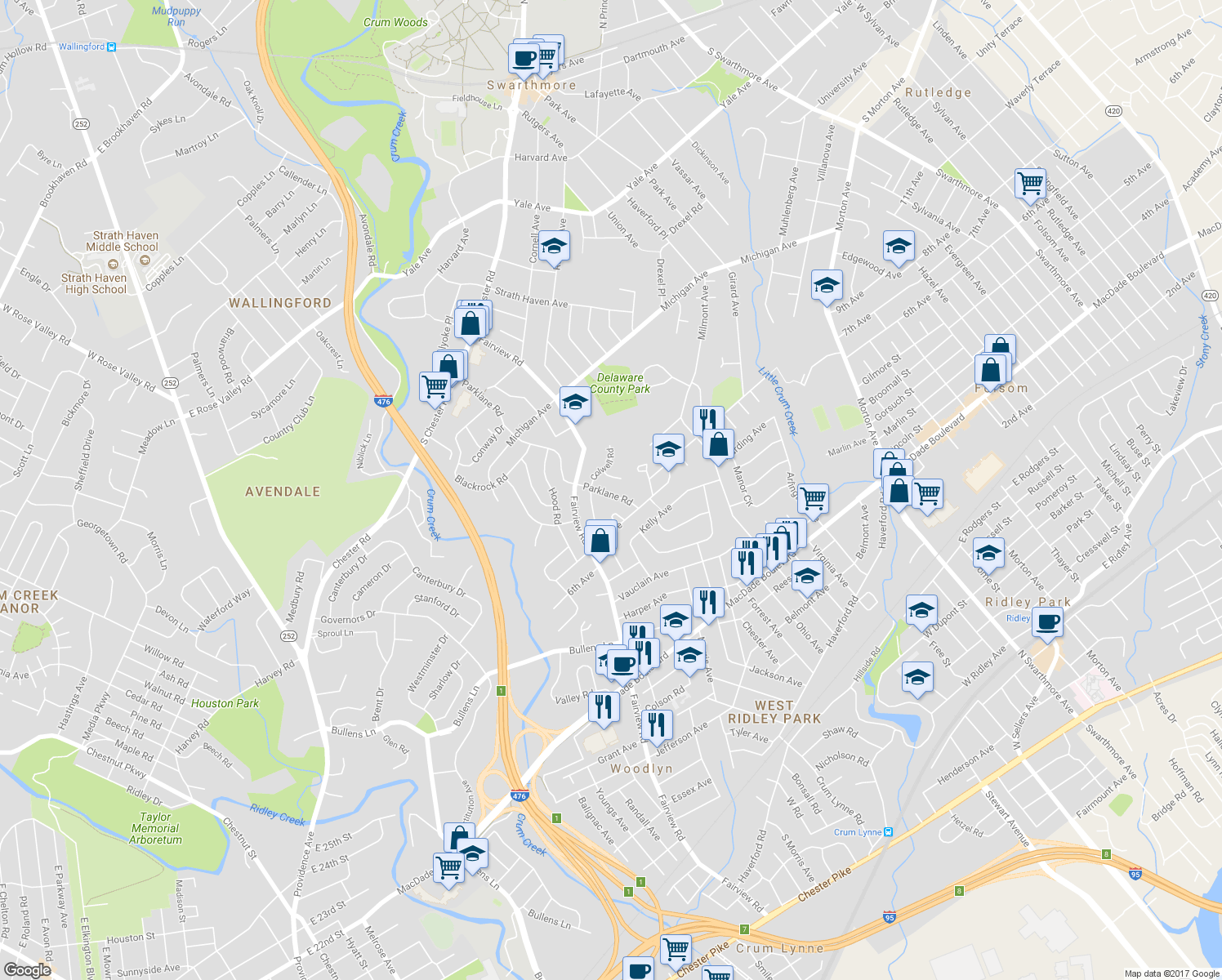 map of restaurants, bars, coffee shops, grocery stores, and more near 726 Parklane Road in Swarthmore