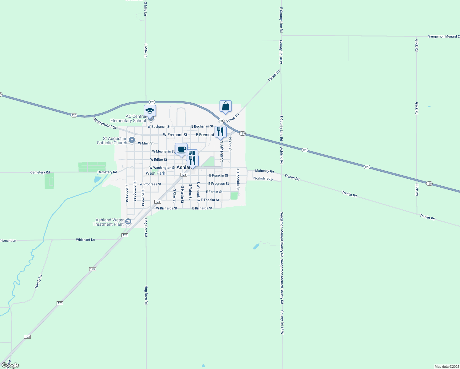 map of restaurants, bars, coffee shops, grocery stores, and more near S York St in Ashland