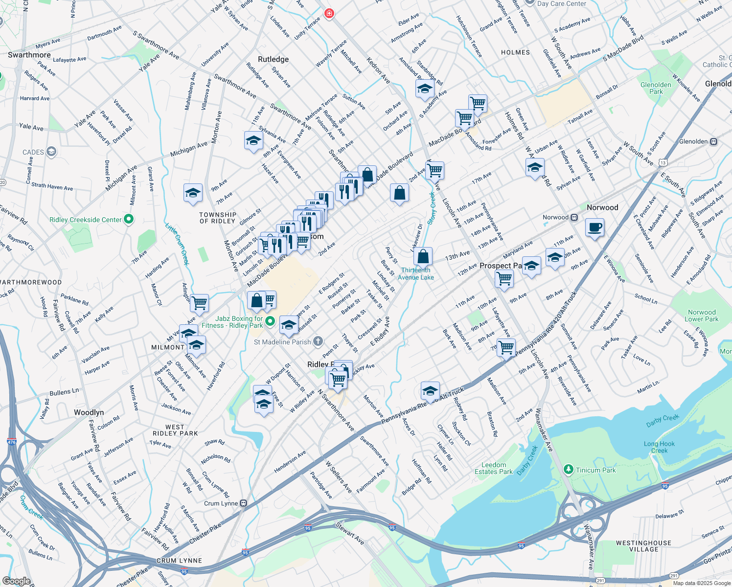 map of restaurants, bars, coffee shops, grocery stores, and more near 400 Tasker Street in Ridley Park