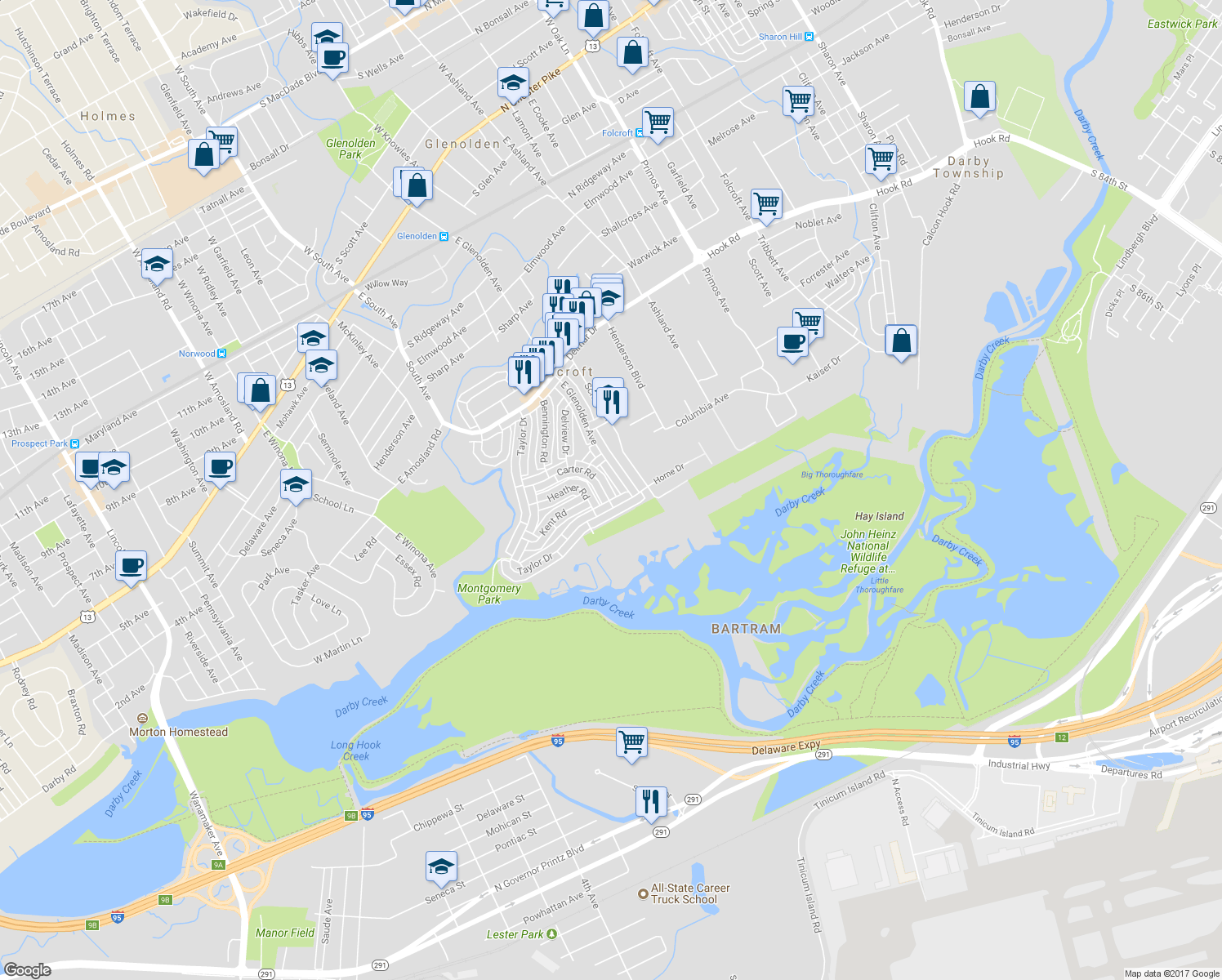 map of restaurants, bars, coffee shops, grocery stores, and more near 1890 Carter Road in Folcroft