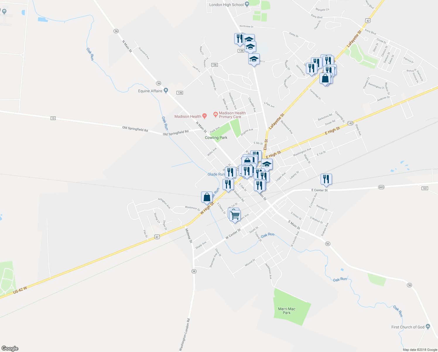 map of restaurants, bars, coffee shops, grocery stores, and more near 37 North Madison Road in London