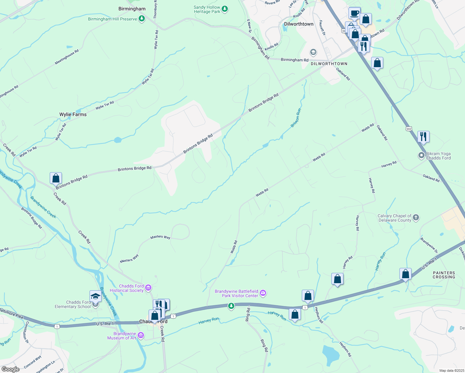 map of restaurants, bars, coffee shops, grocery stores, and more near 545 Webb Road in Chadds Ford