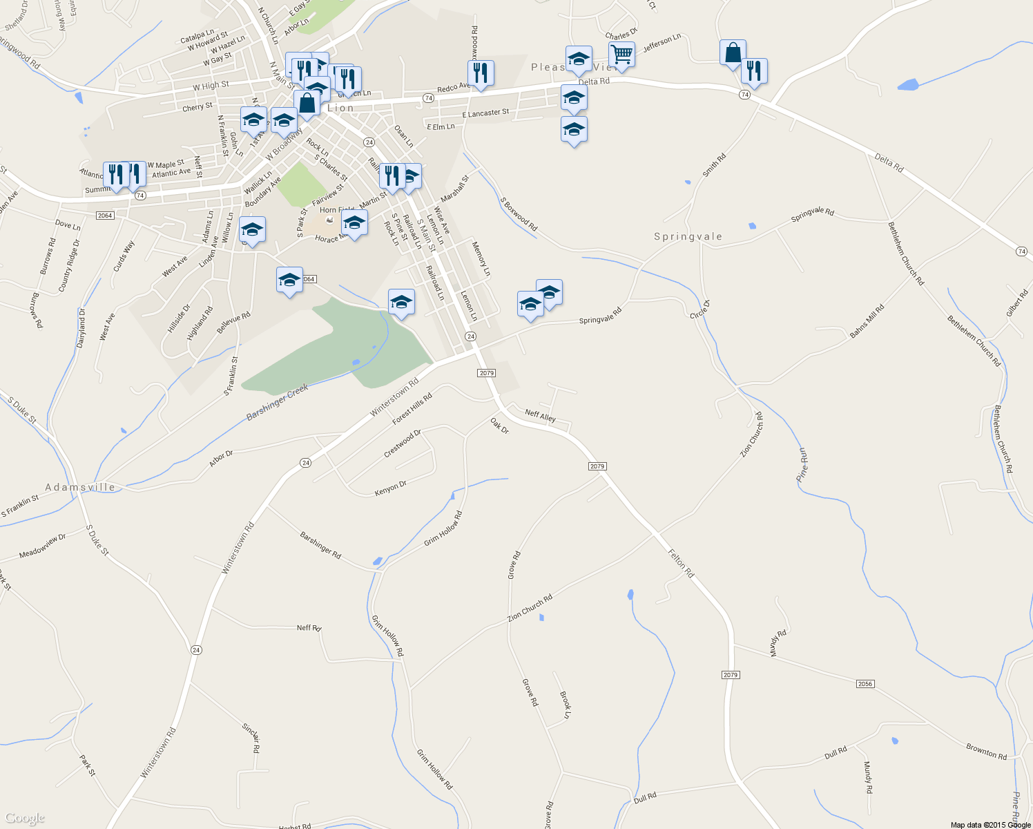 map of restaurants, bars, coffee shops, grocery stores, and more near 913 Felton Road in Red Lion