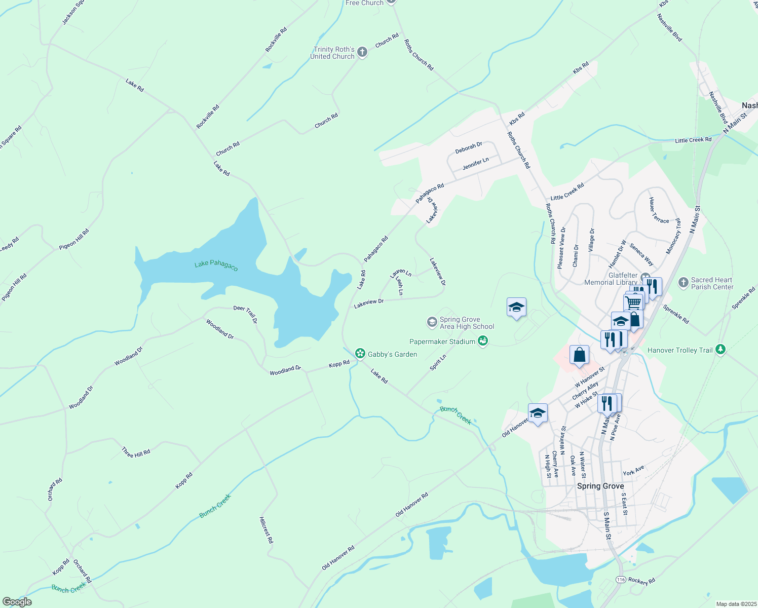 map of restaurants, bars, coffee shops, grocery stores, and more near 505 Lakeview Drive in Spring Grove
