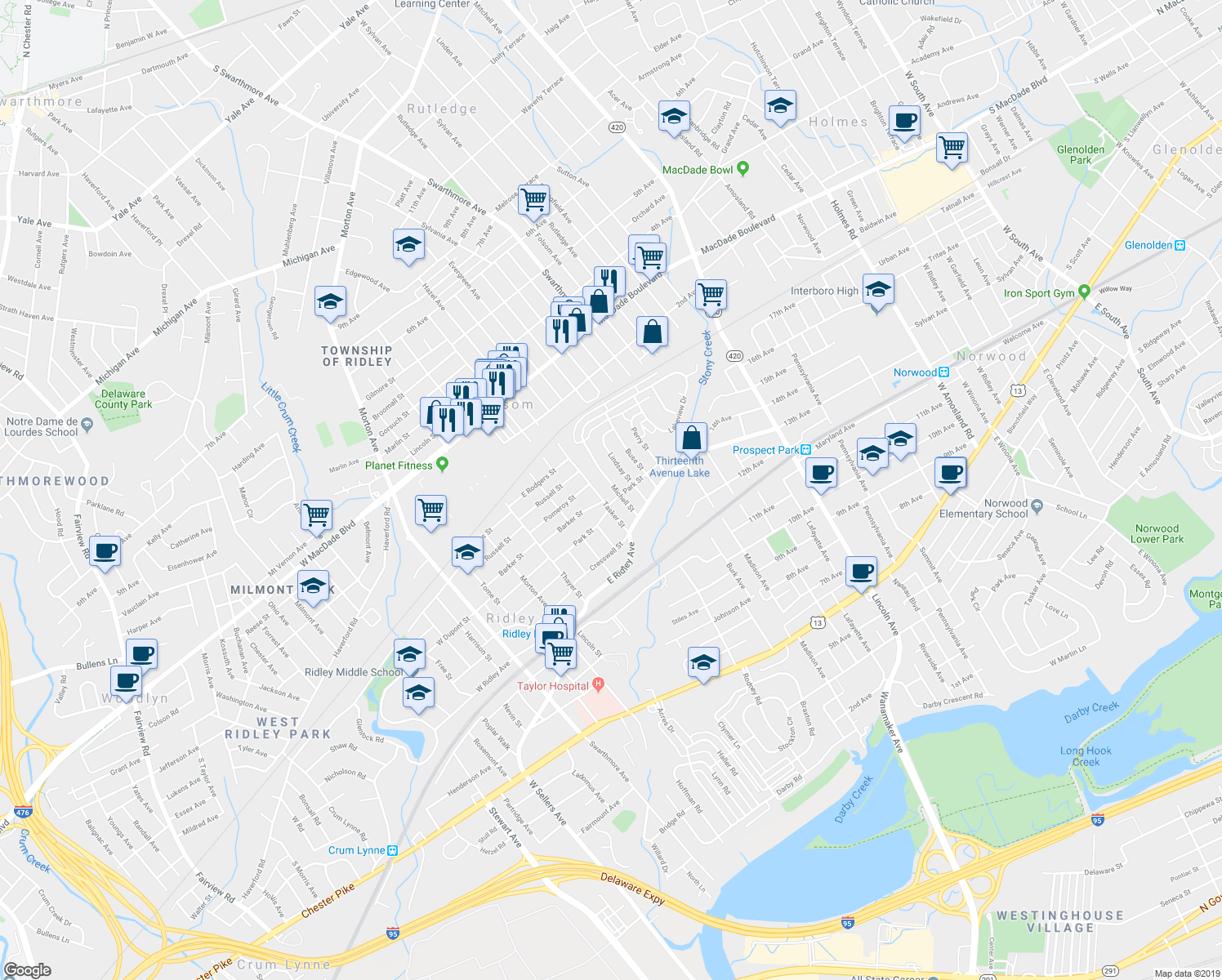 map of restaurants, bars, coffee shops, grocery stores, and more near 402 Michell Street in Ridley Park