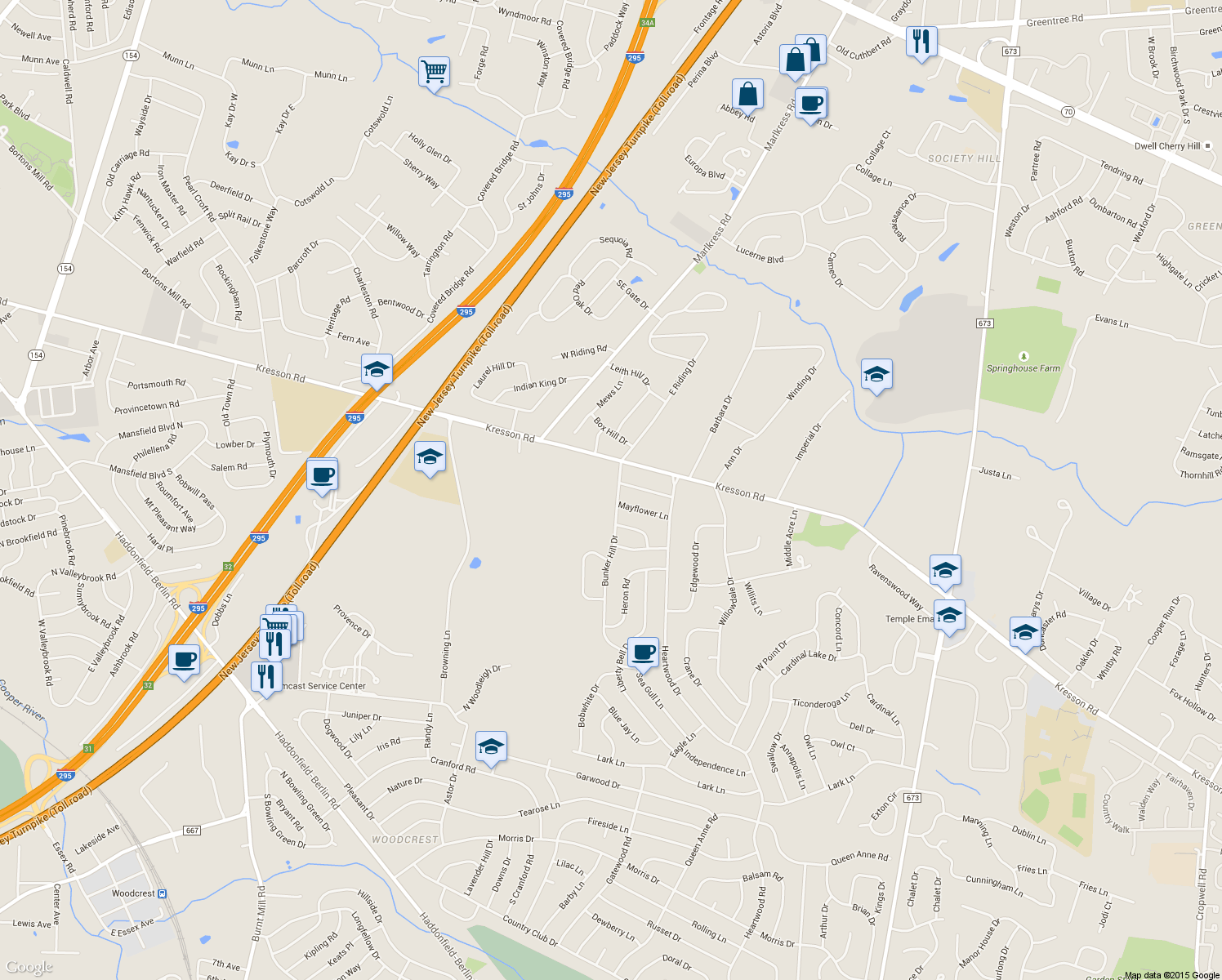 map of restaurants, bars, coffee shops, grocery stores, and more near 1380 Bunker Hill Drive in Cherry Hill