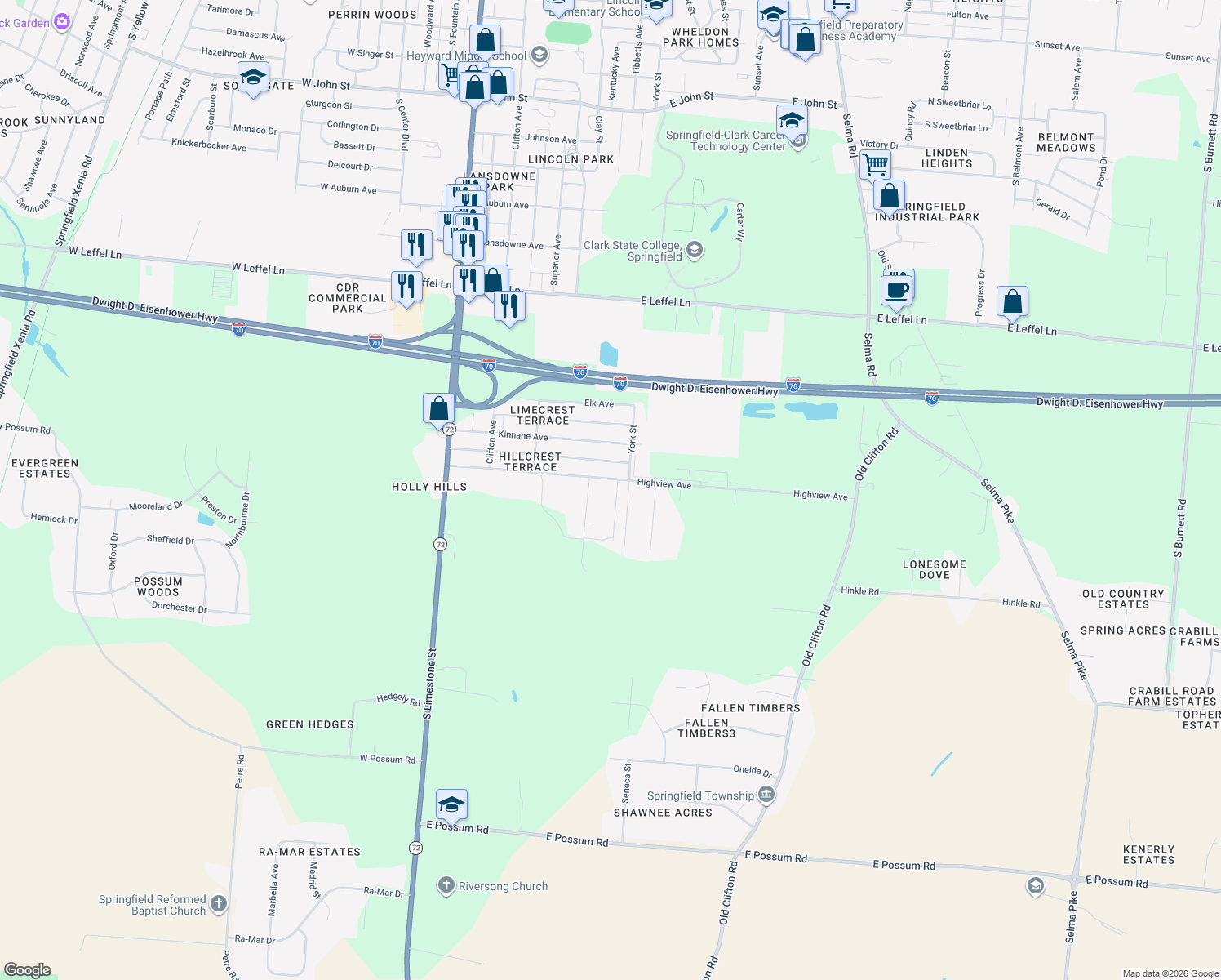map of restaurants, bars, coffee shops, grocery stores, and more near 2811 Oletha Avenue in Springfield
